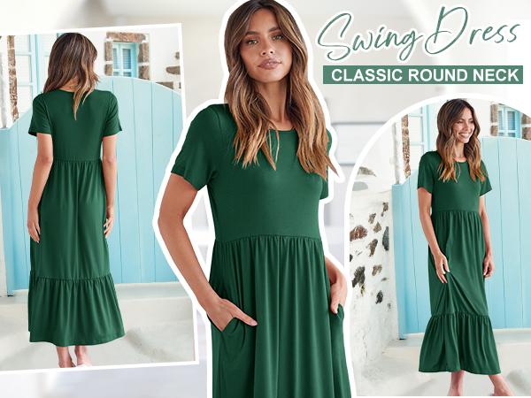 ANRABESS Women's Summer Casual Short Sleeve Crewneck Swing Dress Flowy Tiered Maxi Beach Dress with Pockets