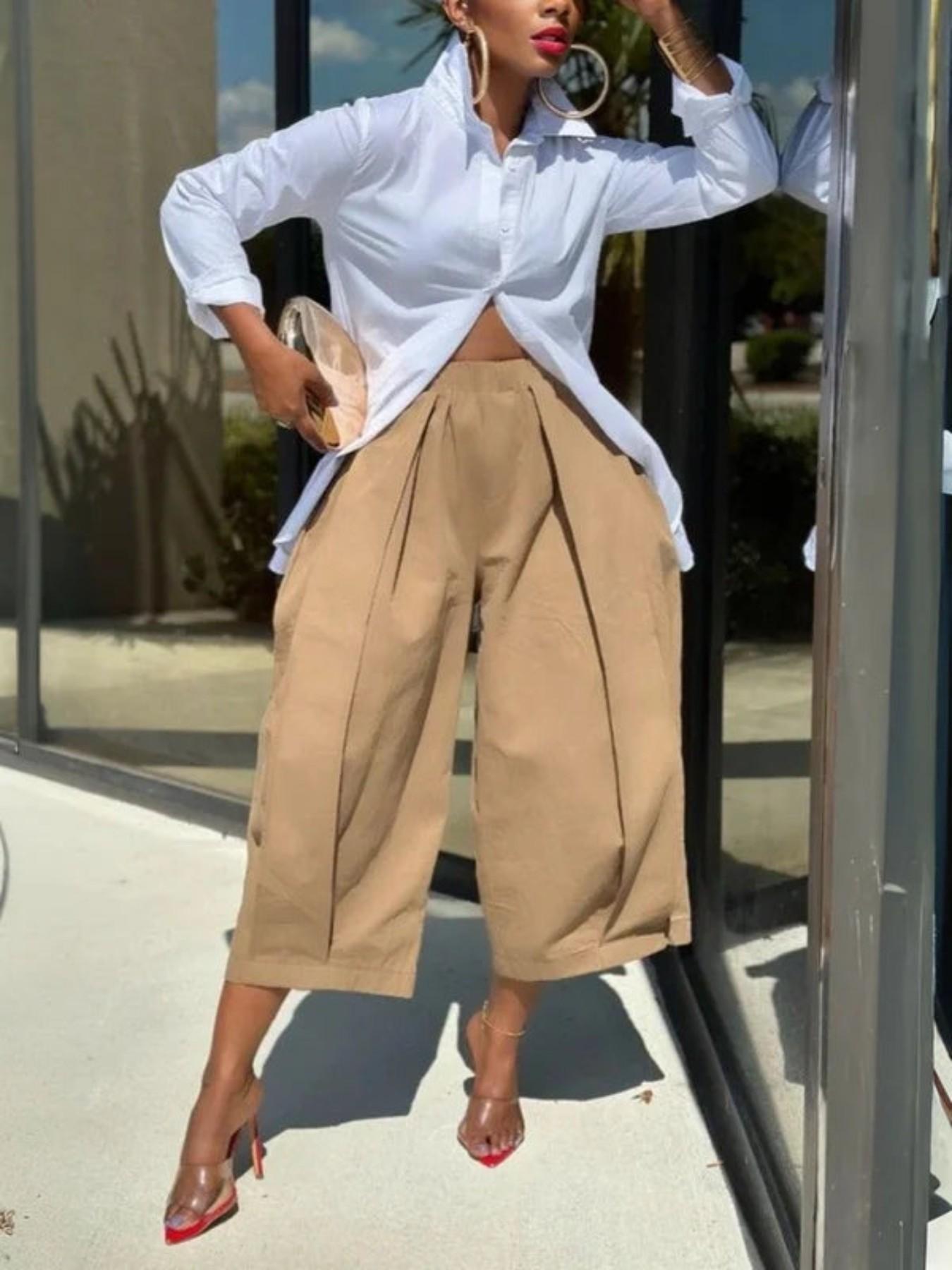 Women's Plus-Size Front‑Pleated Design Cropped Pants, Vertical Pleat Loose Fit Elastic Waist Culottes, Casual Daily Wear, Baggy