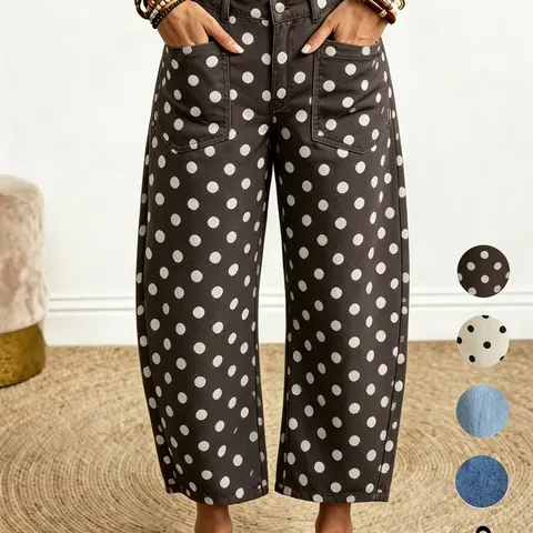 Women's Polka Dot Vintage Elegant Denim Jeans, Casual Denim Pants, Elastic Waist, Loose Fit, Ankle Length, Casual Daily Wear, Comfortable Wide Leg Style