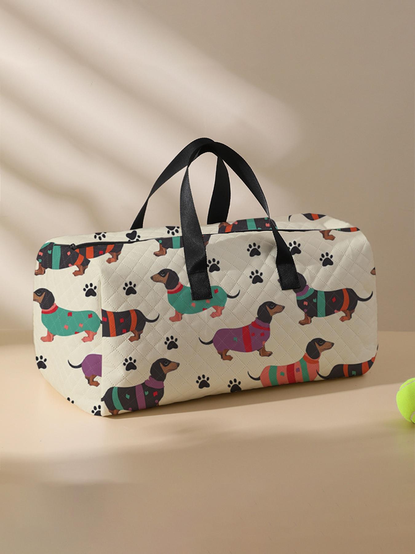Cute  Quilted Dog Pattern Duffle Bag, Large Capacity Travel Bag, Portable Overnight Bag with Shoe Storage, Fashionable Travel Bag for Women & Men, Travel Duffel Bag