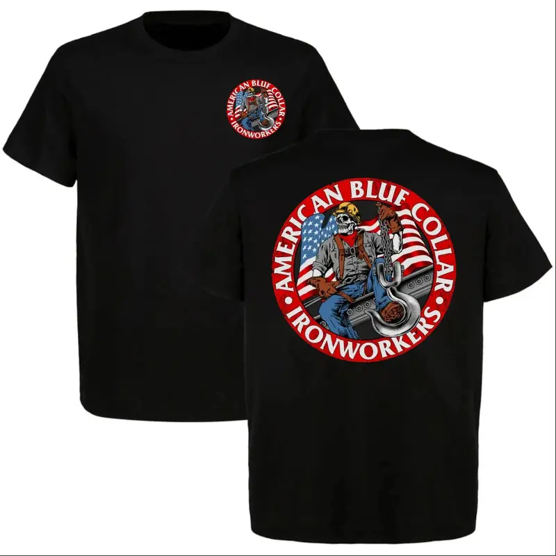 Graphic T-shirt Men's American Blue Collar Ironworkers T-Shirt Patriotic USA Flag Skeleton Skull Funny Construction Gift Vintage Union Ironworkers Work Tee Shirt Dad