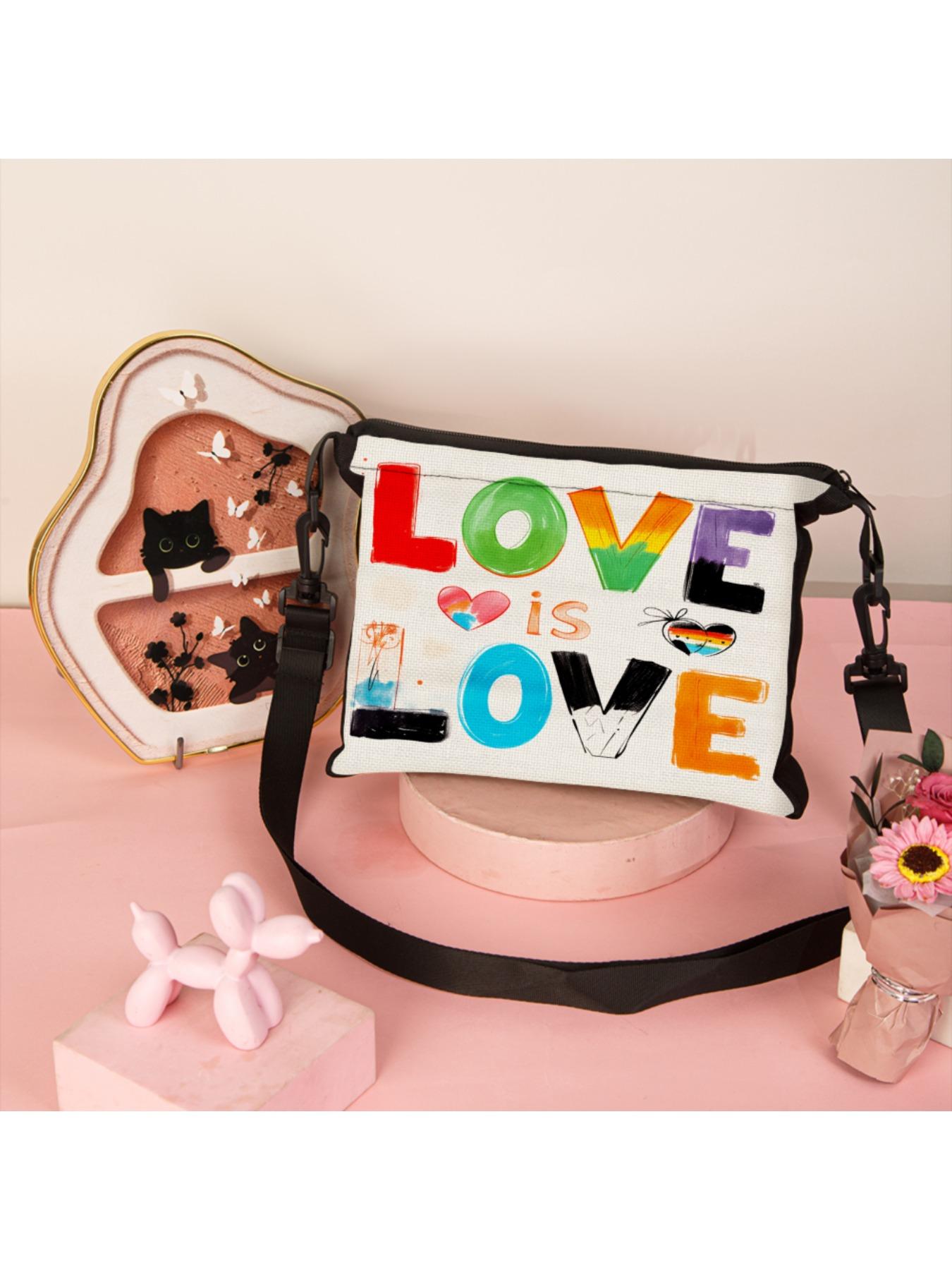1pc Love Is Love Rainbow Print Crossbody Bag Women Shoulder Bag Colorful Text And Heart Design For Pride Events Party Outings Casual Wear With Adjustable Strap Perfect For Daily Use Commuting Shopping