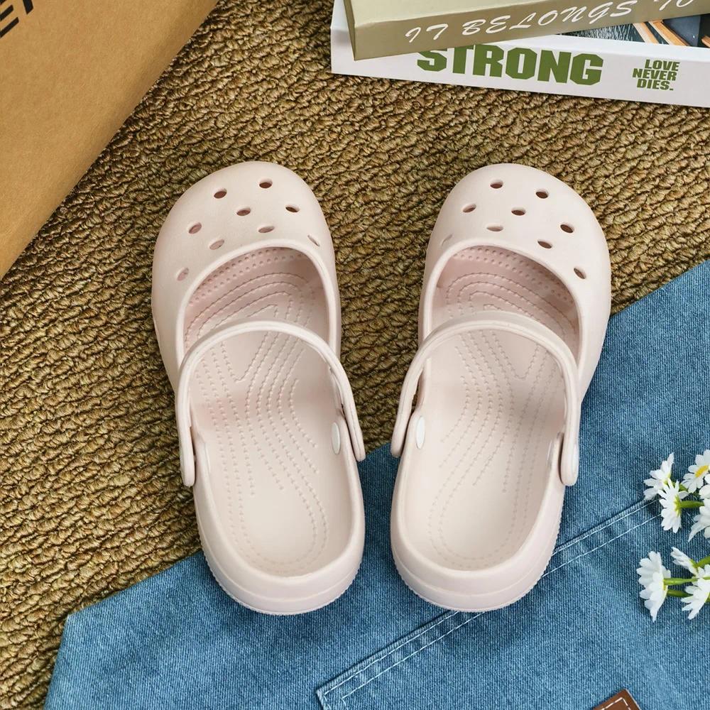 Retro EVA Outer Wear Mary Jane Slippers Shoes Summer New Women's Cute Ballet Hole Shoes Anti Slip Outdoor Beach Sandals