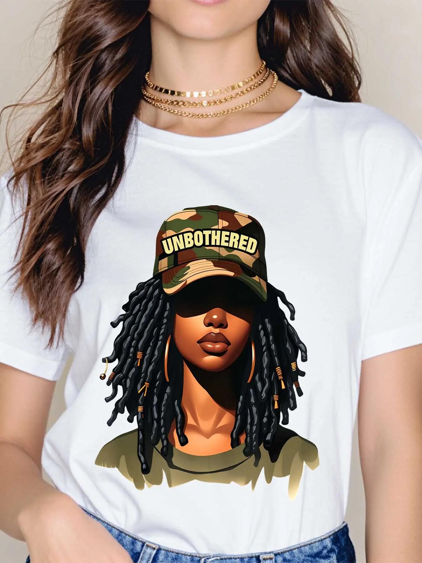Women Casual T-Shirt White Unbothered Girl With Dreads And Camo Hat Graphic Print For Everyday Wear