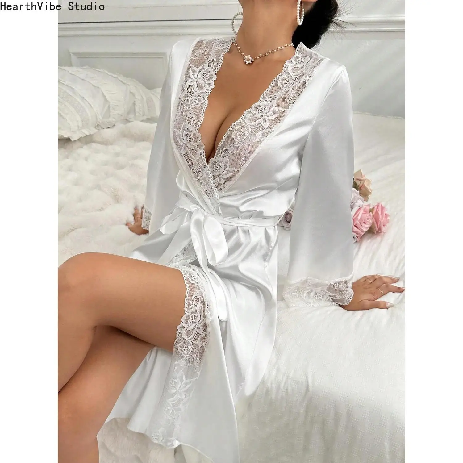 Women's Elegant Lace Patchwork Bridal Robe - Solid Color Fitted Cut Mid-Length Nightwear, Lingerie for Women for Camping & Hiking Hammock Lounging