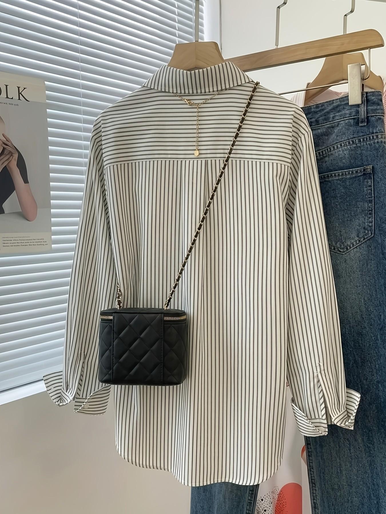 Women's Fashion Lapel Shirt with Chest Pocket, Striped Design, Stylish and Comfortable, Perfect for Daily Wear and Office