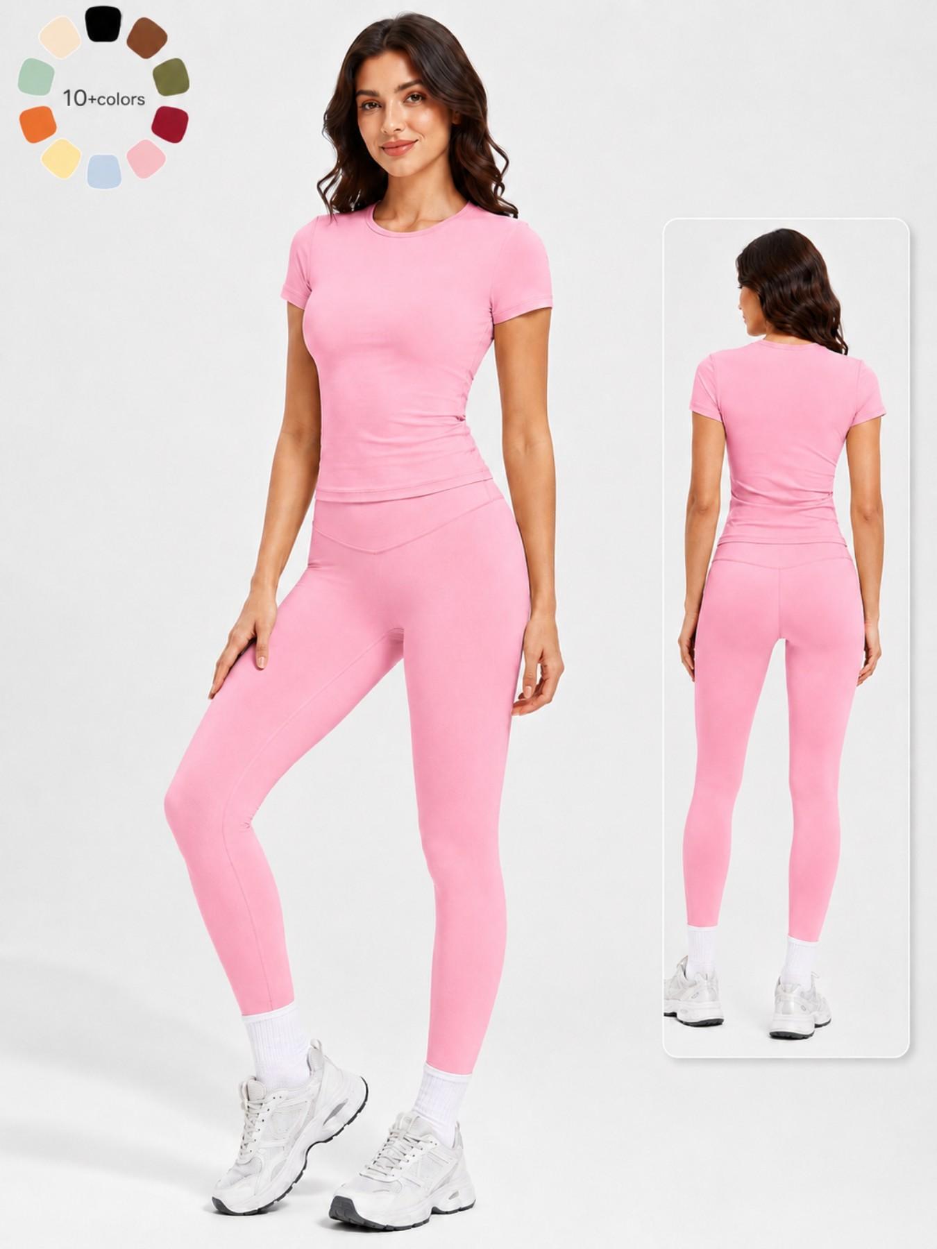 Women's 2-Piece Athletic Workout Set, Short-Sleeve Round-Neck Slim-Fit Crop Tee & High-Rise V-Front Yoga Leggings, Casual Running Gym Activewear Yoga Sportswear Set for Daily Wear