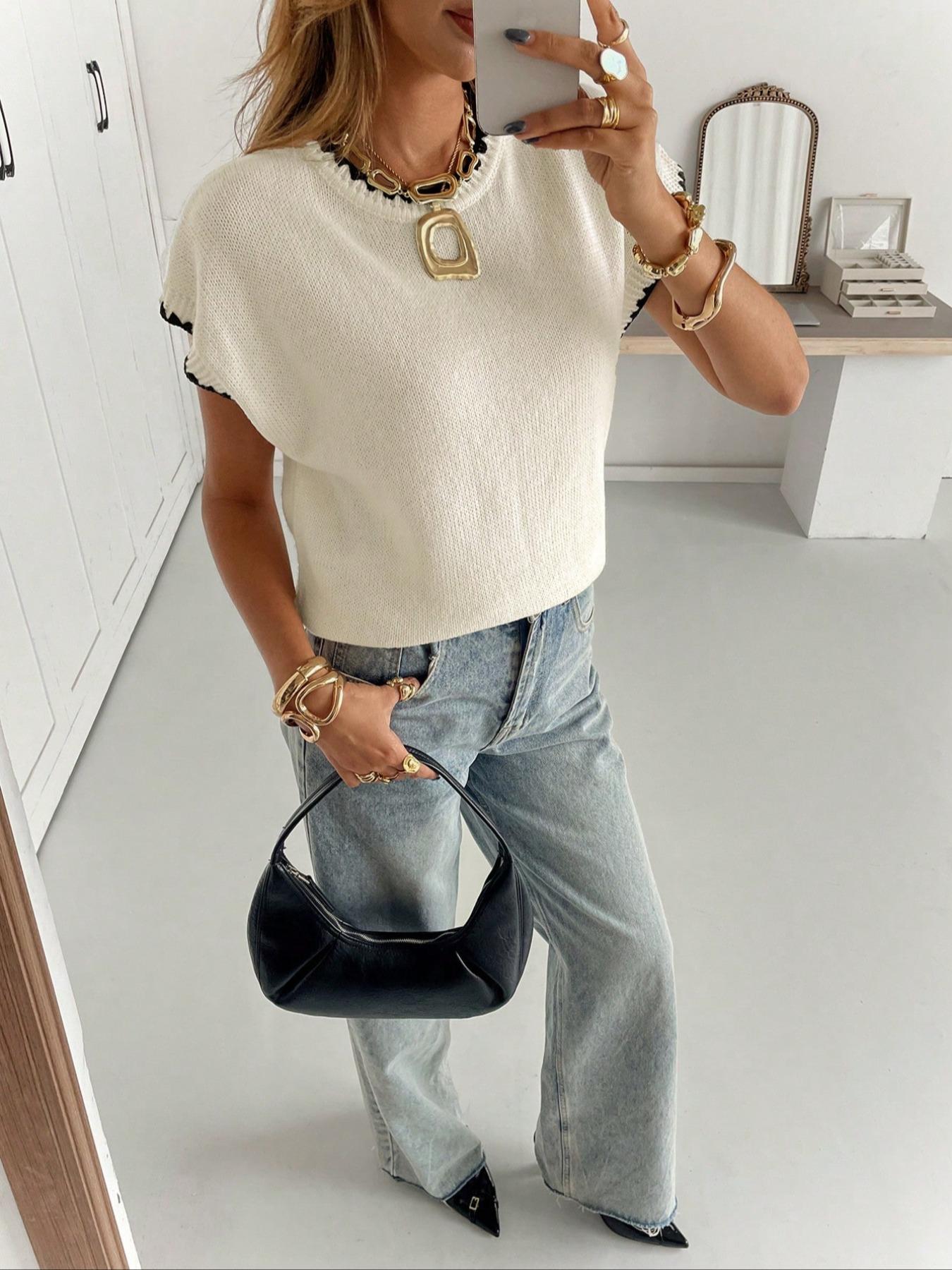 Women's Colorblock Knit Sweater, Casual Fall & Spring Fashion, Ribbed Design, Perfect for Daily Wear, Business & Leisure, Knitwear