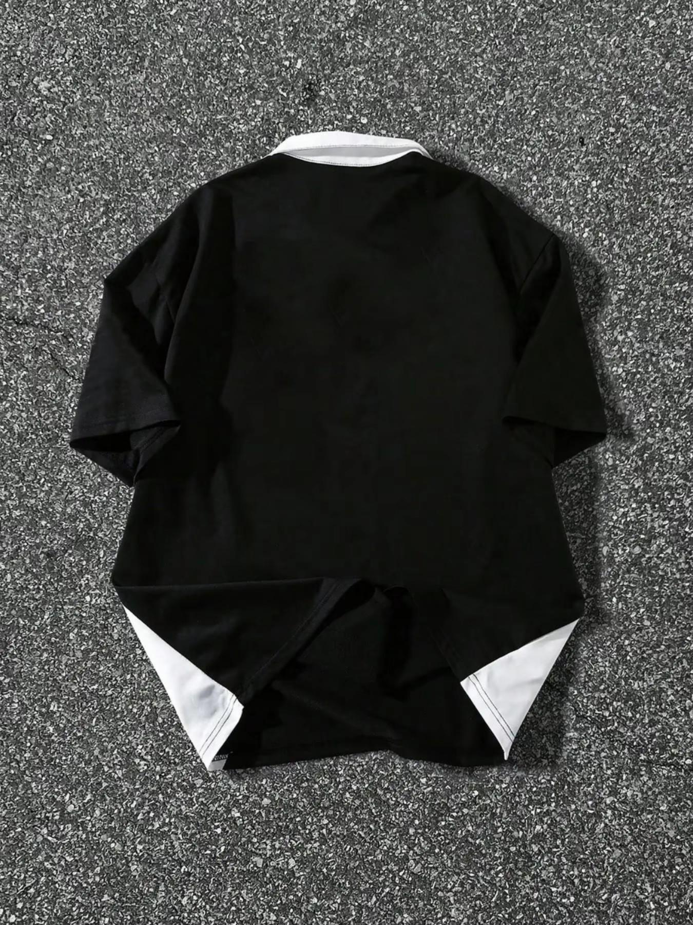 Oversize Chicago Racing Theme Polo Shirt, Men's Half-Zip Letter Print Short Sleeve, Street Style Motorcycle, Long Loose-Fit Top