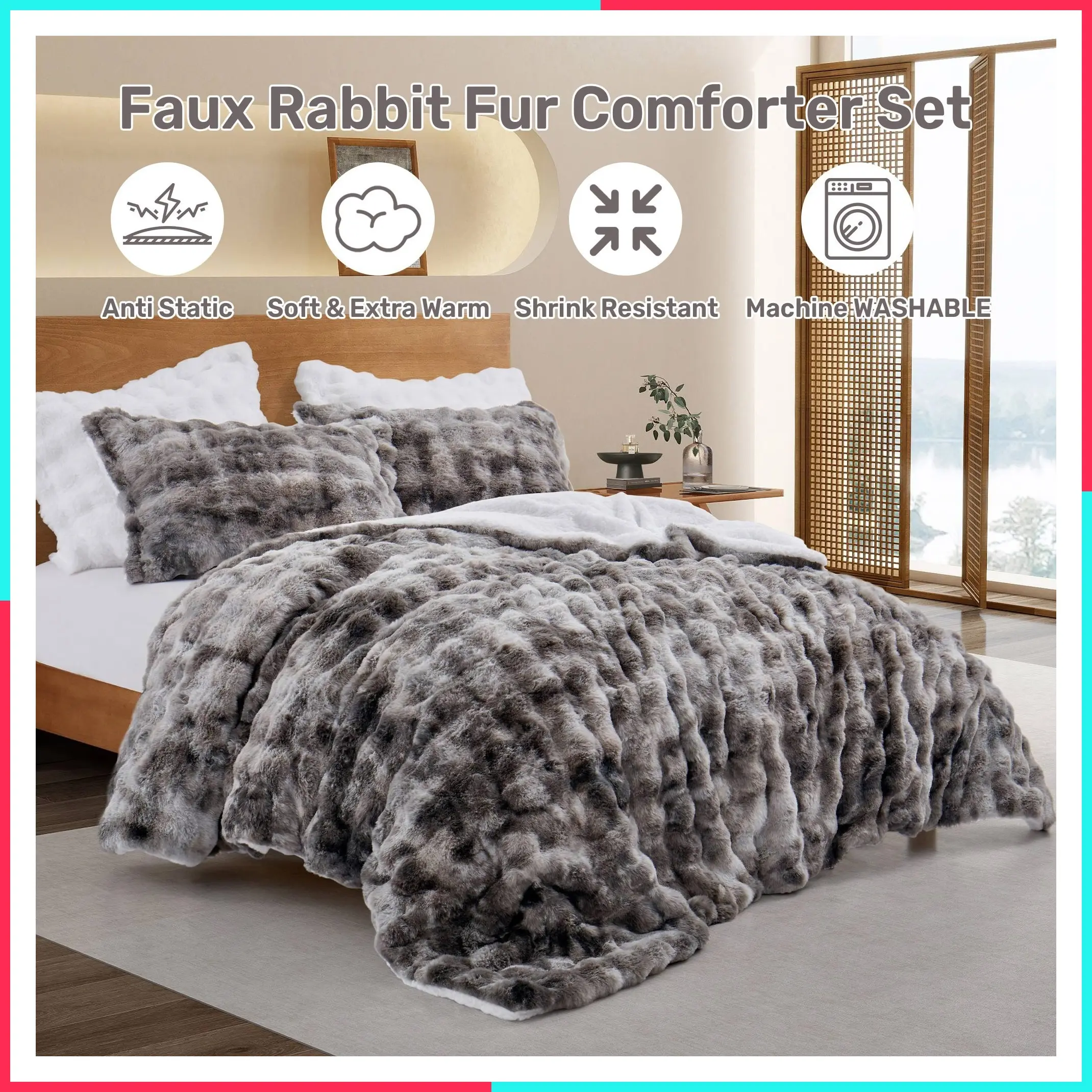 Winter Warm Reversible Marshmallow Comforter Set Antistatic Super Soft Faux Fur and Sherpa Fleece Blanket with 2 Pillow Covers Queen or King