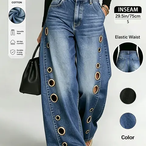 Women's Denim Wide-Leg Pants Trouser, High-Waisted Metal Eyelet Design, Cotton Jean Long Pants, Elastic Waist, Casual All-Season Wear