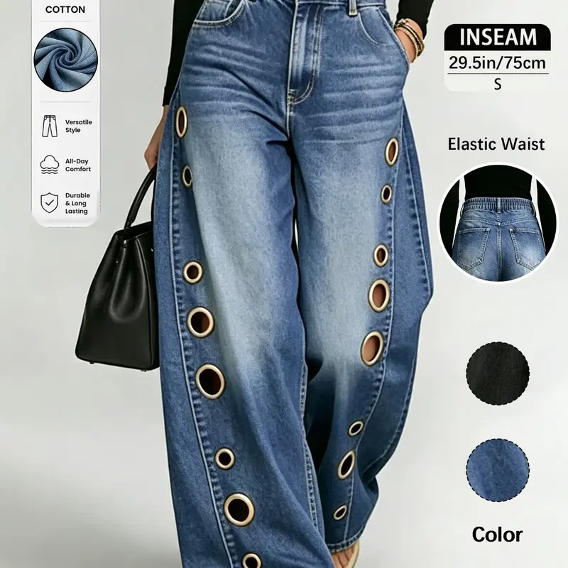 Women's Denim Wide-Leg Pants Trouser, High-Waisted Metal Eyelet Design, Cotton Jean Long Pants, Elastic Waist, Casual All-Season Wear