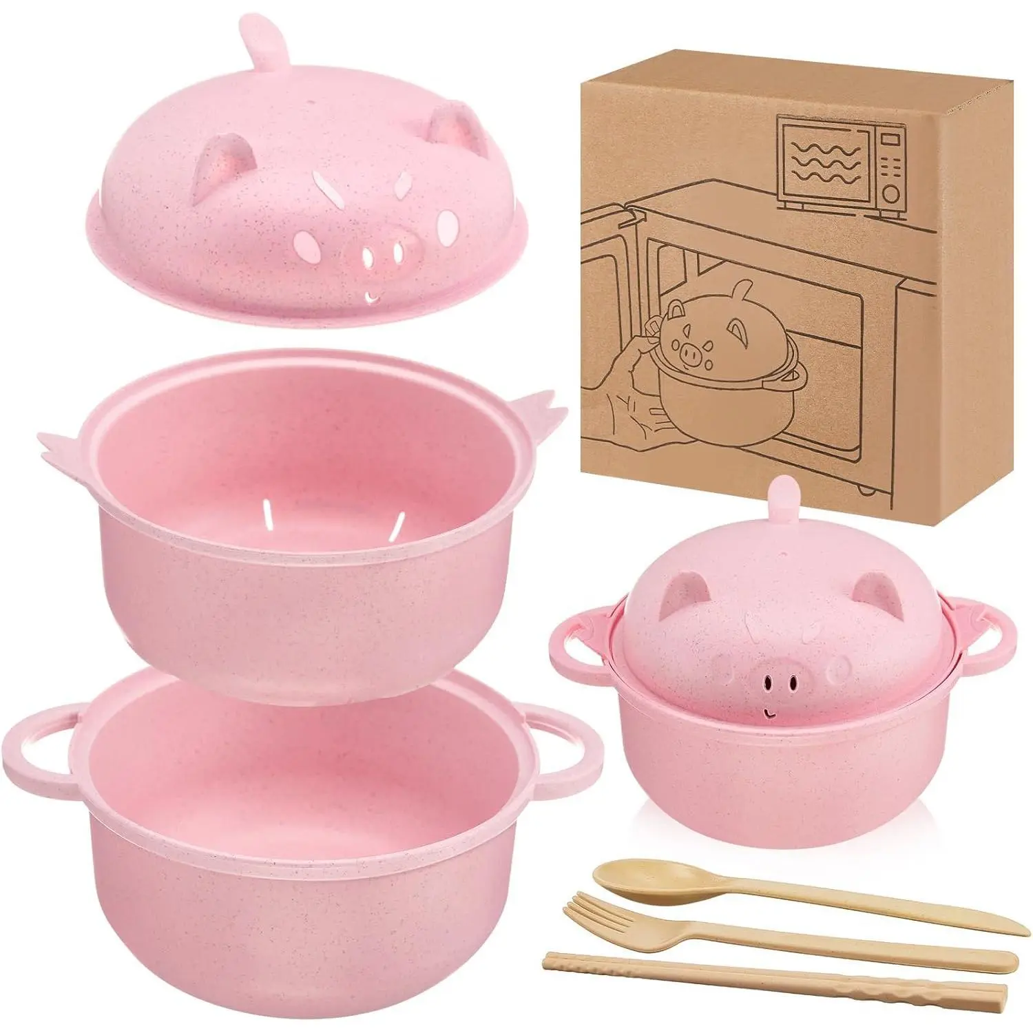 Round 45oz Cute Pig Ramen Bowl Set, Microwavable Wheat Straw Tableware with Strainer Lid, Spoon, Chopsticks, Fork – Back to School Dorm College Gift (Pink)