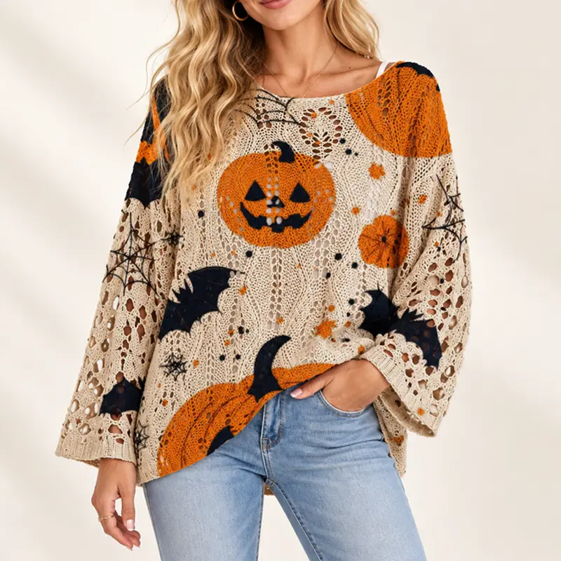 Women’s Halloween Crochet Knit Sweater, Lightweight Open Knit Long Sleeve Top, Off Shoulder Boat Neck Pumpkin Bat Ghost Graphic Pullover, Loose Casual Spring Fall Top for Halloween Party, Pumpkin Patch, Weekend & Streetwear