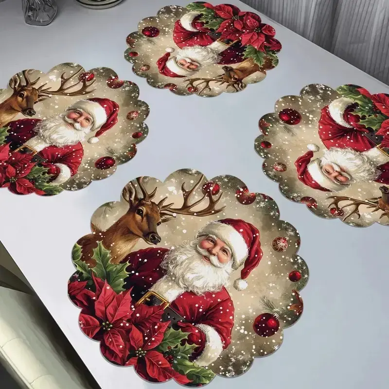 4 Piece Christmas Table Mat Set, Polyester Round Mats, Santa and Reindeer Design, Non-Slip, Hand Washable, Durable for Holiday Dining and Home Decor