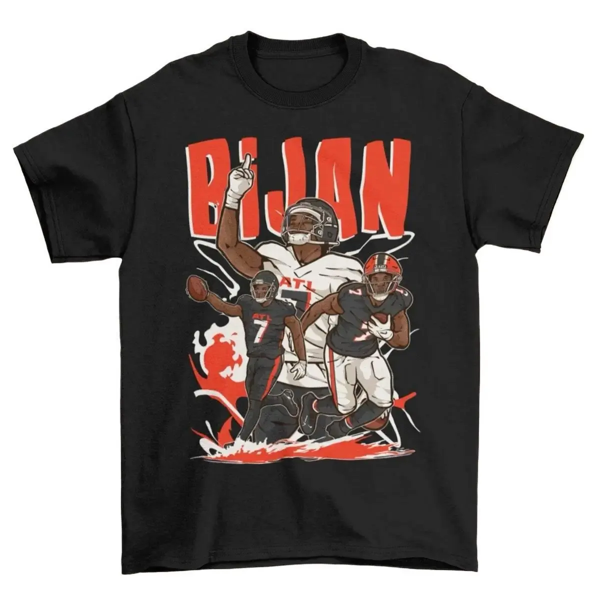 [Sale Up To 50%] Men's Unisex Bijan Robinson Cartoon Print Atlanta Football T-Shirt - 100% Cotton, Medium Length, Fitted Cut, Double Seams, Adult Sizes