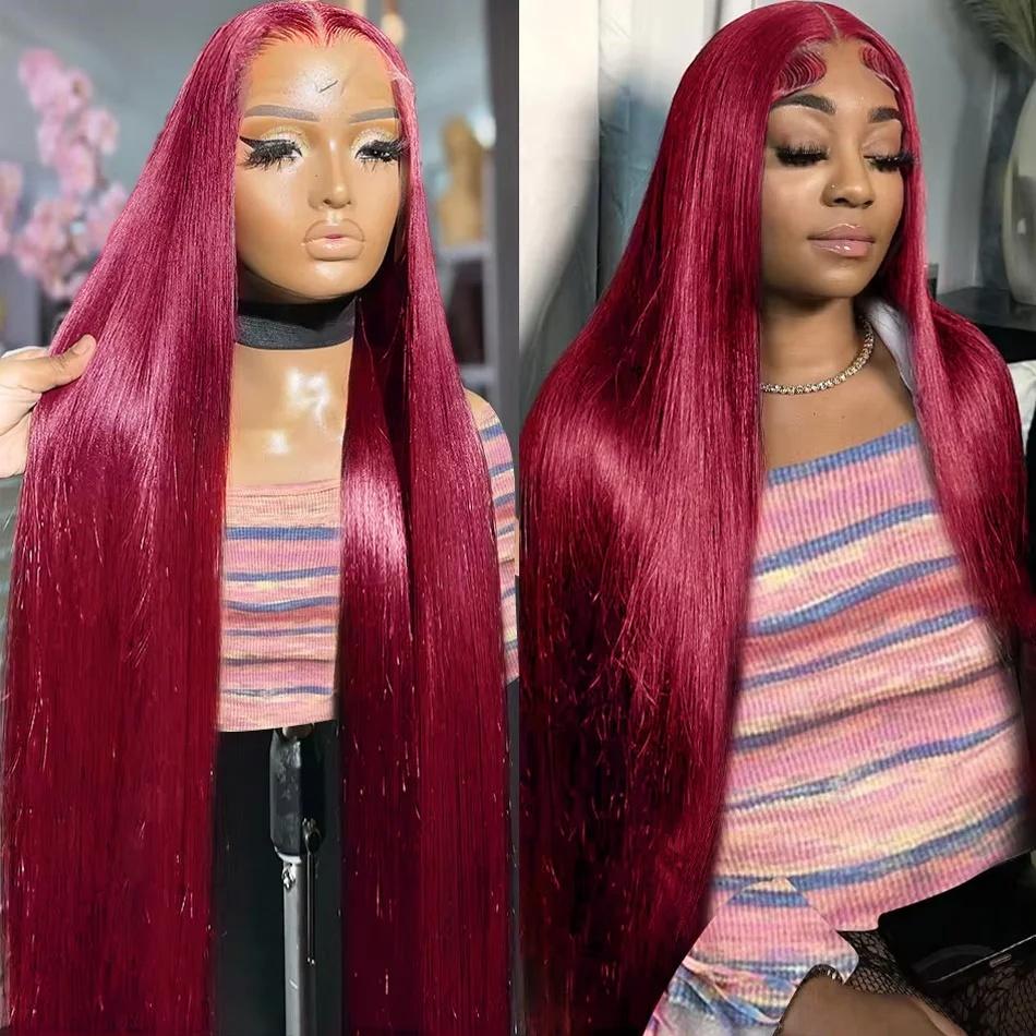 [BB Face] Burgundy 99J Lace Front Wig Straight 13x6 HD Lace Frontal Wig Human Hair For Women Pre Pluched Colored Lace Wig 180% Density
