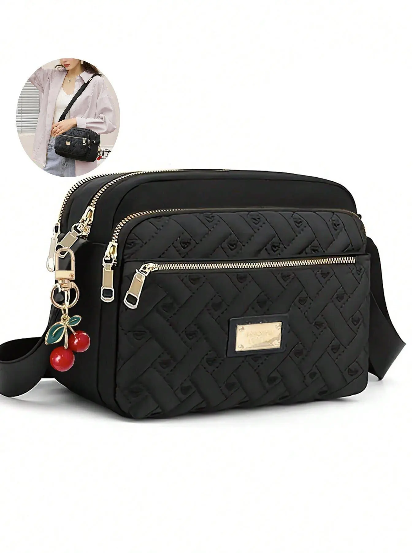 Cute Cherry Zipper Heart Embroidery Women's Shoulder Bag, Crossbody High-Quality 5-Zip Multi-Compartment Handbag for All Seasons Cross Body Bags, Stylish Crossbody Bag, Embellished Shoulder Bag, Casual Crossbody, Casual Fashion Bag
