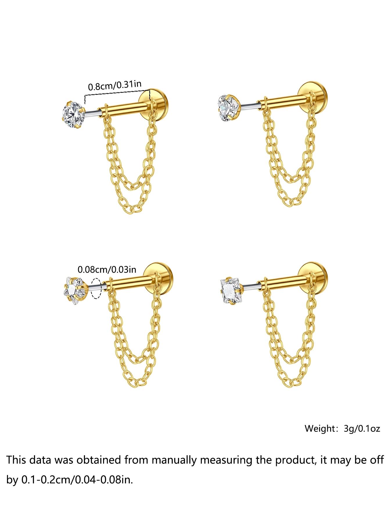 Unisex Stainless Steel Cubic Zirconia Earrings, 20G Push-Back Studs with Double Chain Design, Fashion Ear Jewelry, Trendy Jewelry Accessories, Perfect Gift