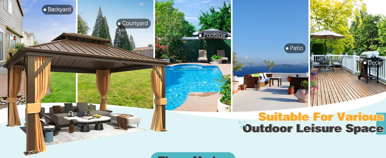 EROMMY Hardtop Gazebo with Galvanized Steel Roof, Double Metal Roof Gazebo with Aluminum Frame, Outdoor Gazebo with Curtains and Nettings, Canopy and Sunshade for Patio, Lawns, Backyard,Outdoor Furniture on Clearence