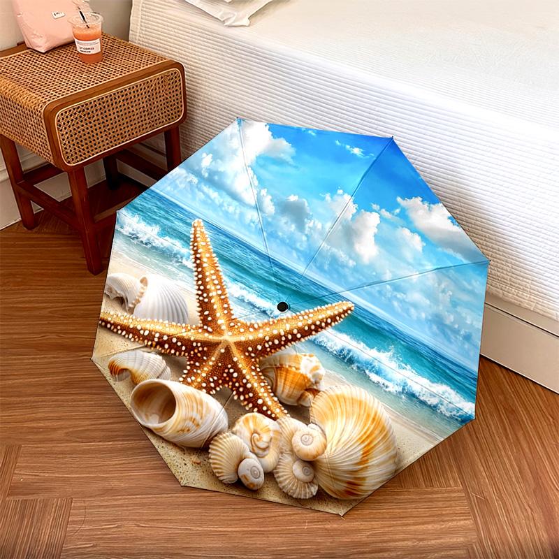 1 PC Automatic Folding Umbrella - Beach Starfish Shells Ocean Waves Pattern, Portable & Foldable Design with 8 Ribs, Merry Christmas Pattern,Casual Outdoor Accessory Halloween and Christmas Birthday Gifts. G00125