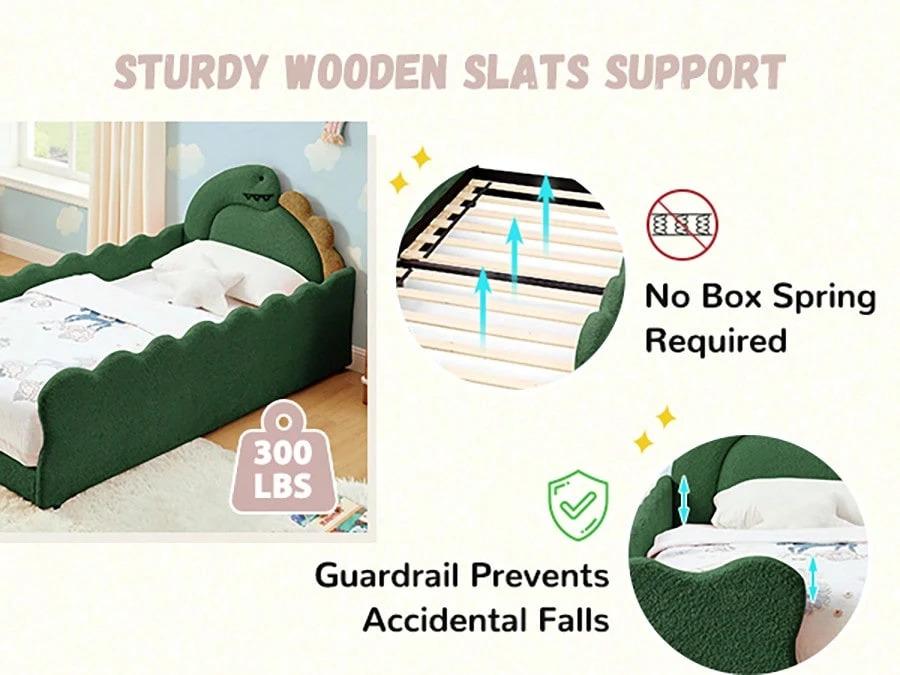 Twin Size Dinosaur-Shaped Upholstered Bouclé Floor Bed Frame, 3D Dinosaur-Shaped Headboard Platform Bed with Padded Raised Guardrails, Solid Wood Slats, Reinforced Metal Frame, Space-Saving for Small Bedrooms, Apartments