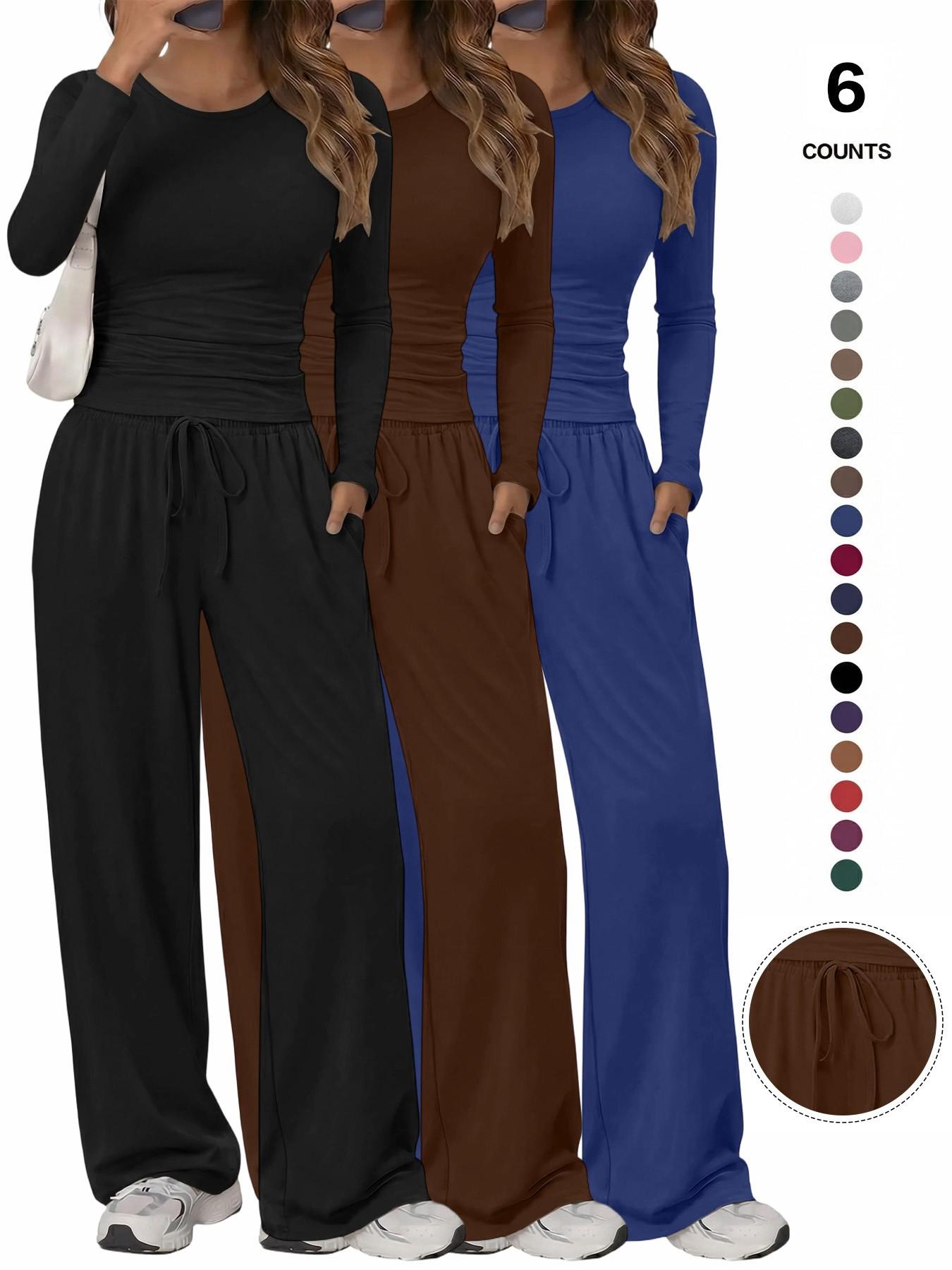 Women's Solid Ruched Drawstring Loungewear Set, Casual Long Sleeve Round Neck Top & Pocket Wide Leg Trousers, Ladies Sleepwear for All Seasons