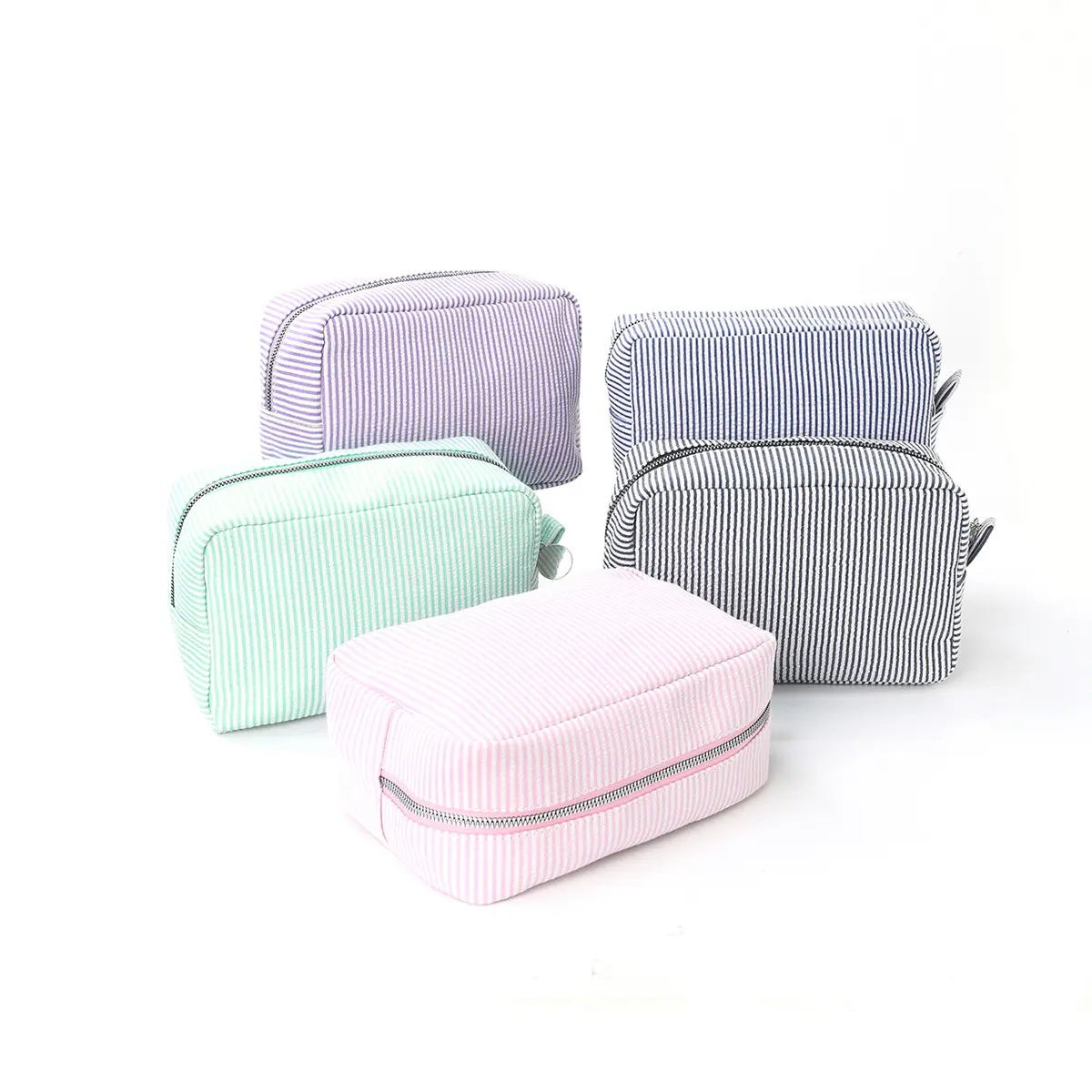 Cozy Striped Makeup Bag Expandable Storage Cotton Cosmetic Pouch Urban Minimalist Daily Carry Cute Travel Organizer Zip Closure Plaid Color Block Polyester Lining Lightweight Handbag Purse Essential For Women On The Go Navy Pink Black Green
