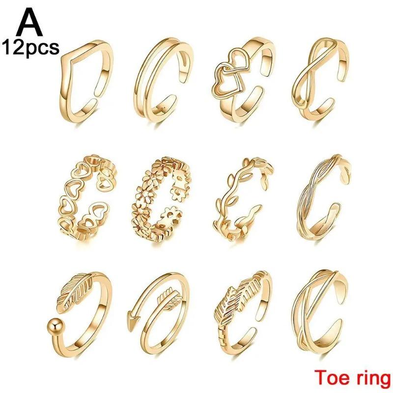 12pcs Foot Open Adjustable Toe Rings Pattern Alloy Adjustable Rings Set For Women Beach Foot Jewelry 12 Piece Set