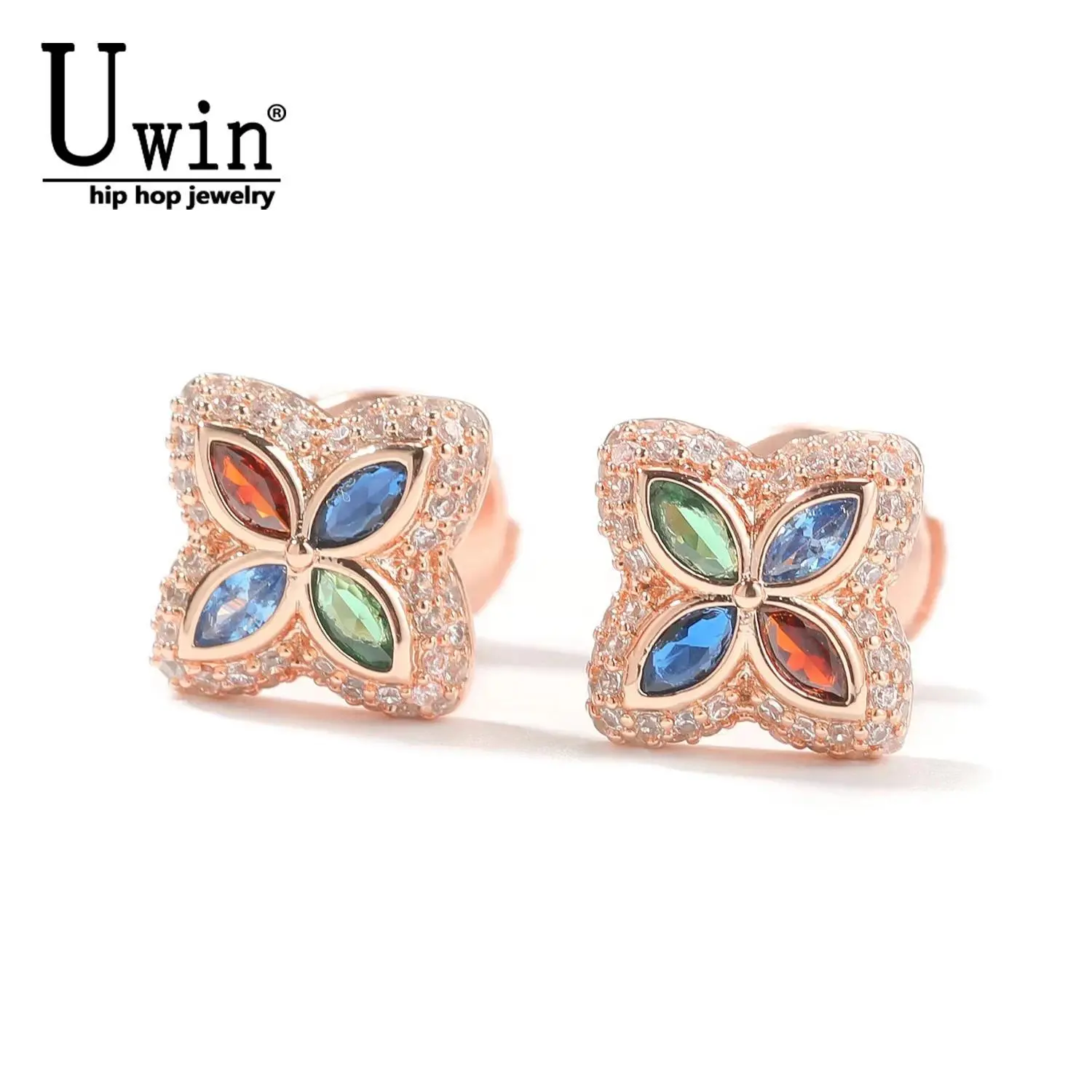 Uwin Lucky Clover Earrings Iced Out Green Black Cubic Zirconia Punk Stud Earring  Hiphop Jewelry For Gift