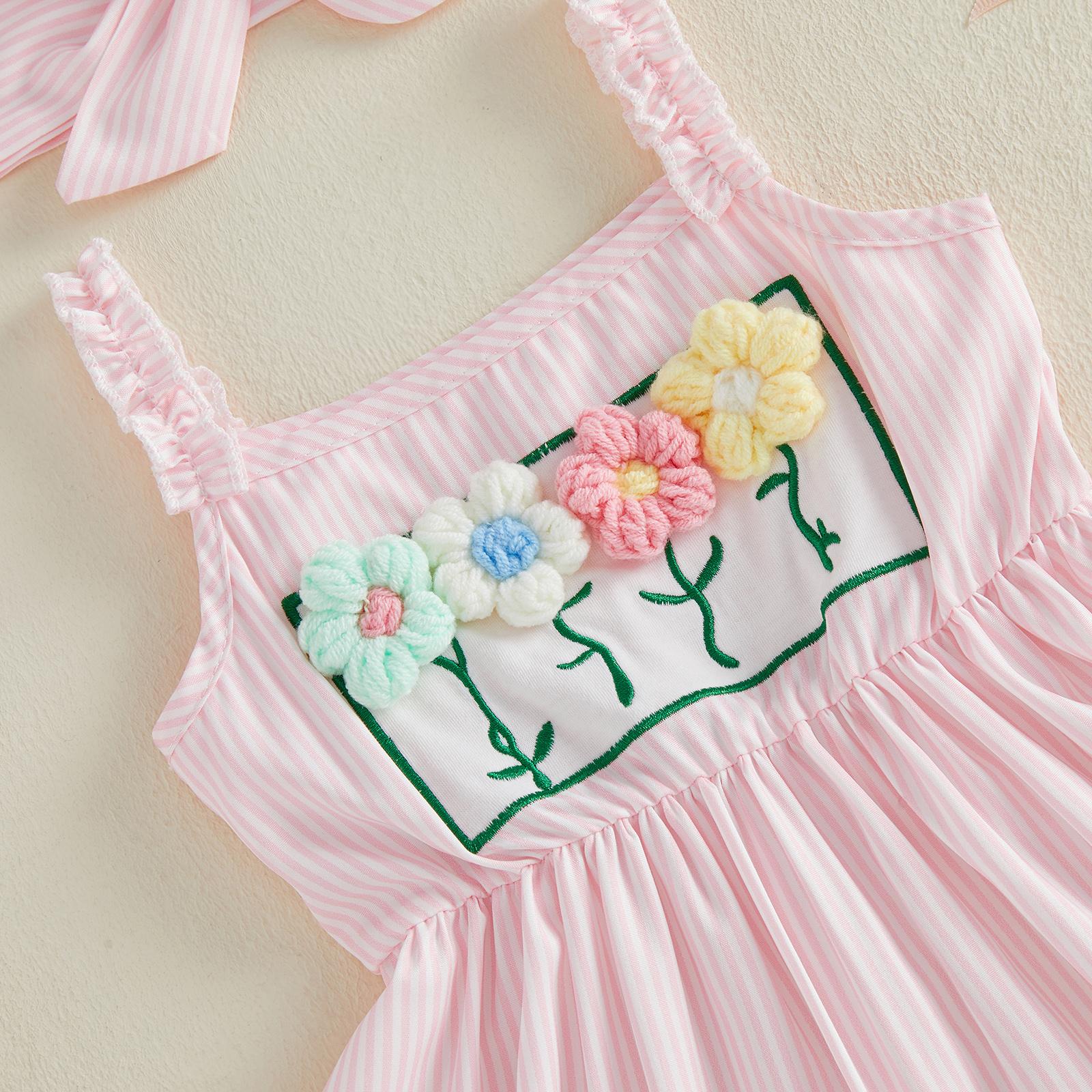 Toddler Baby Girl Outfits Flower Ruffled Trim Sleeveless A Line Dress and Bow Headband 2 Pcs Set