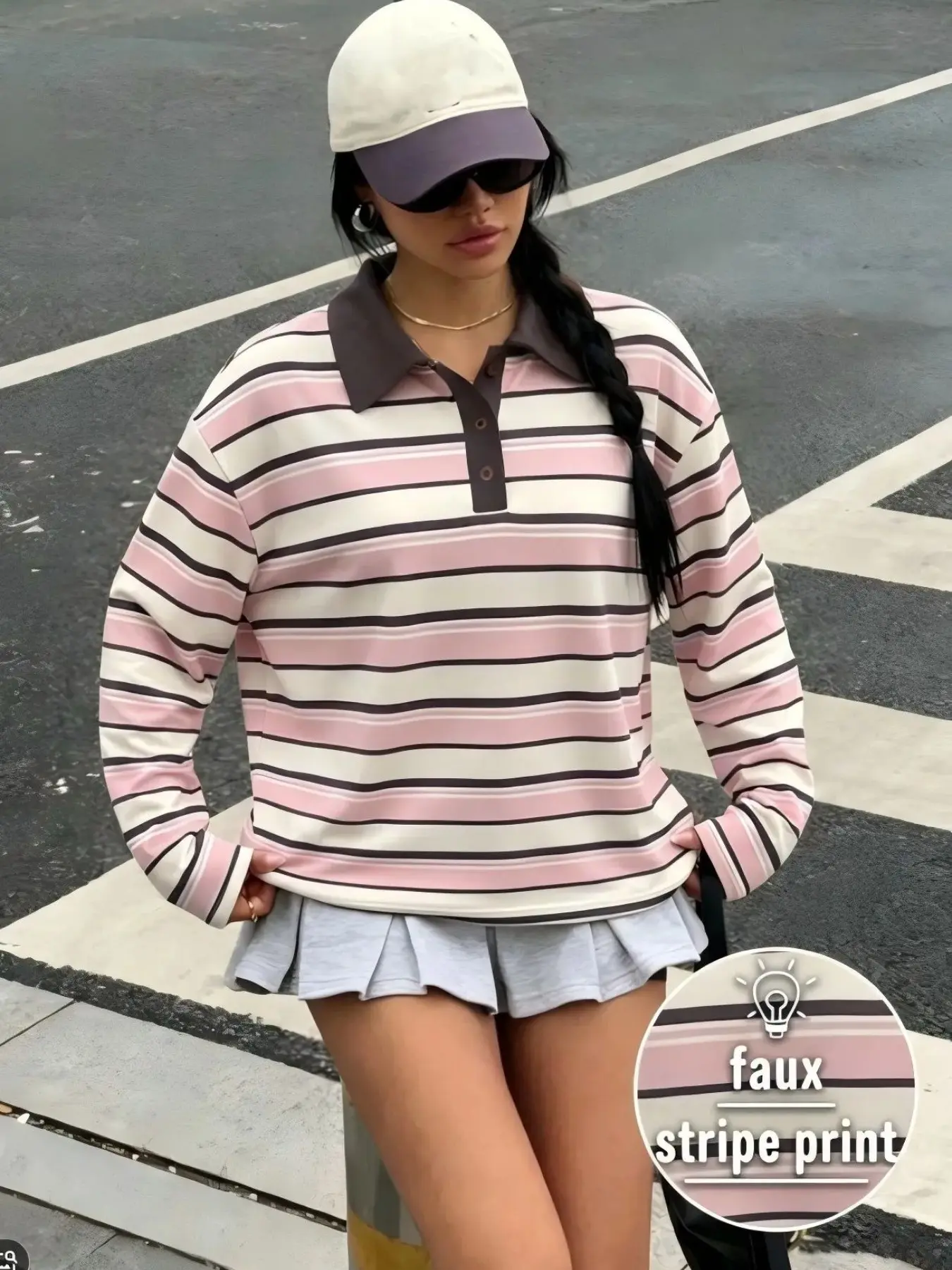 Women's Retro Striped Polo Shirt, Loose Fit Long Sleeve Sweatshirt, Colorblock Collar College Style Y2K Streetwear Top