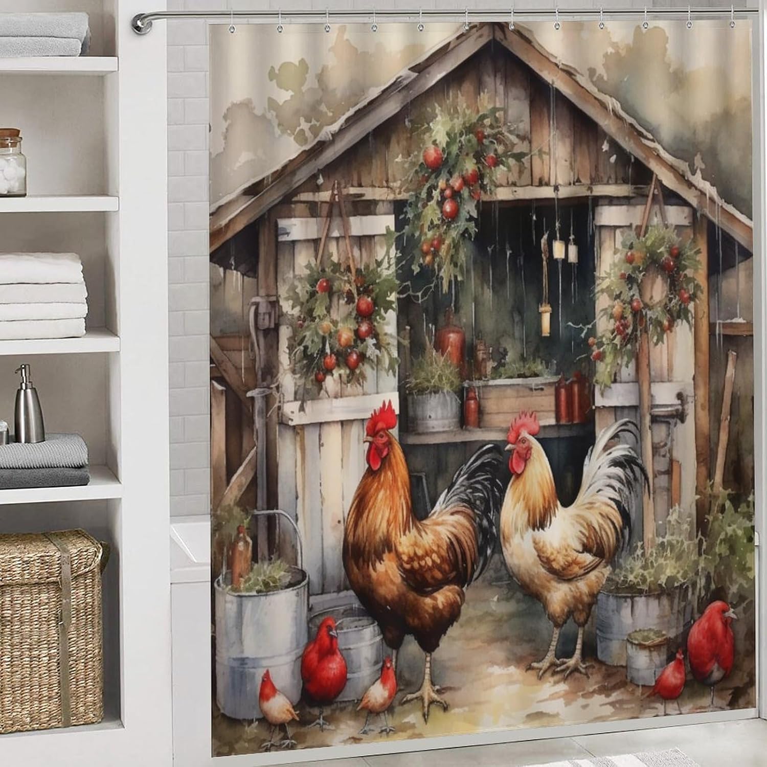 It's Just Chicken Time Shower Curtain 4 Piece Set Bathroom Shower Curtain Set with Rugs Rooster Chicken Holiday Durable and Waterproof for Bathroom Decor