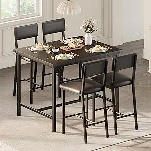 Dining Table Set for 4 w/Counter Height Table & 4 Upholstered Bar Stools, 5-Piece Kitchen Table Set with Footrest & Corner Protector, for Kitchen Room, Apartment