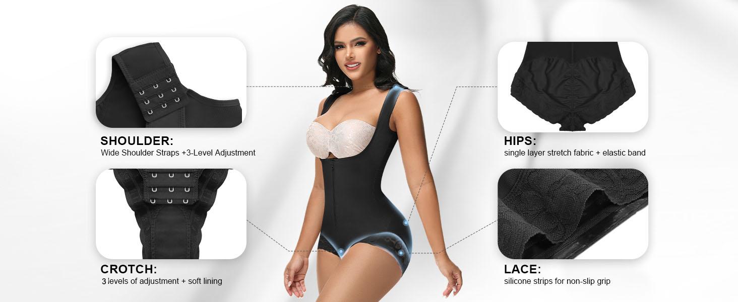 JOSHINE SHAPER Fajas Moldeadoras Shapewear Tummy Control Full Body Shaper Post Surgery Compression Garment with Invisible Zipper & Adjustable Hooks for Women Soft Adjustable Bodysuit Clothes Lace Valentine's Day Gifts