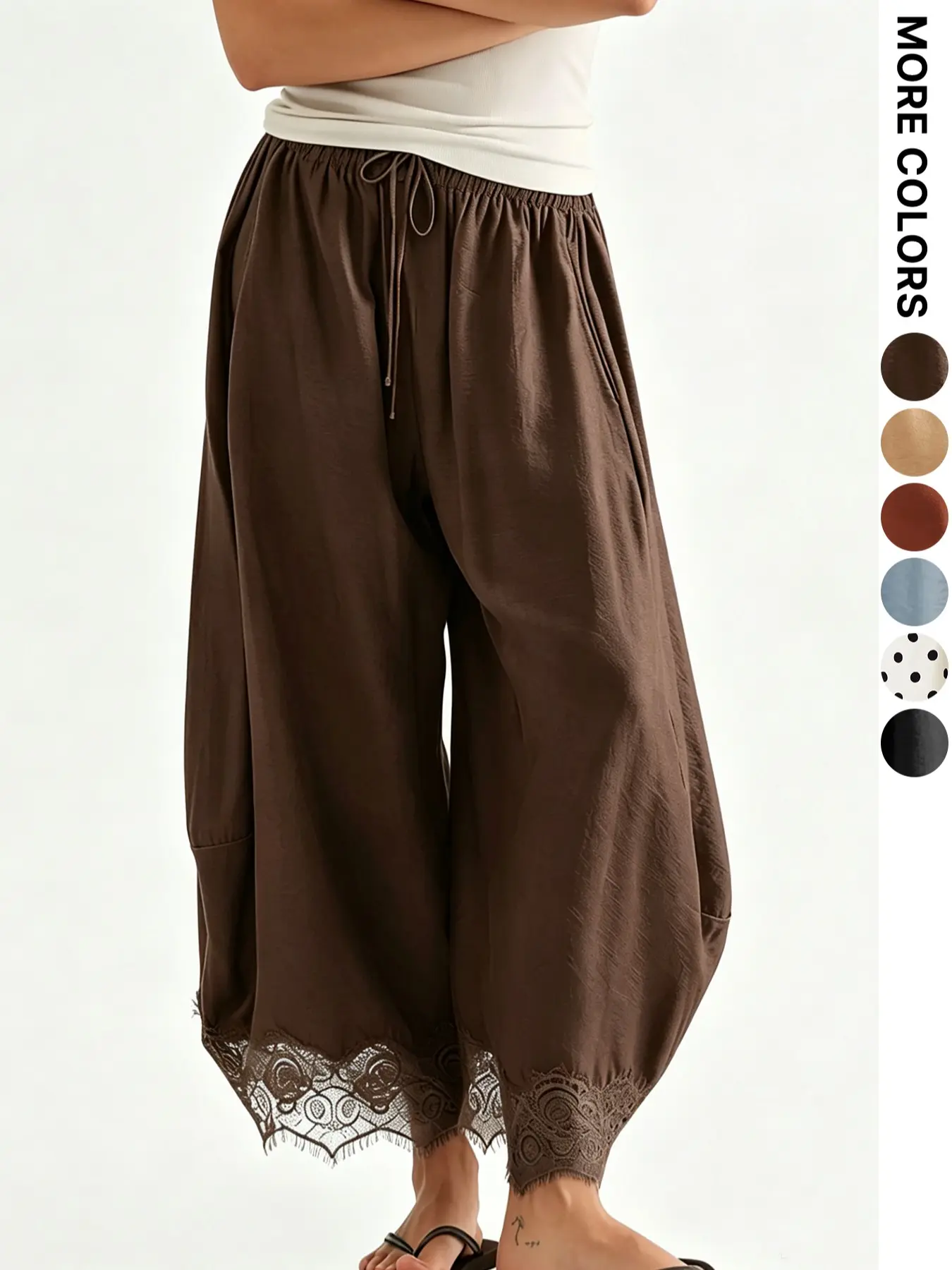 Lace Trim Wide Leg Pants, Millennial Retro Sweet Style Elastic Waist Adjustable Drawstring Long Pants, Loose Fit Daily Casual Streetwear Light Blue Women's Trousers