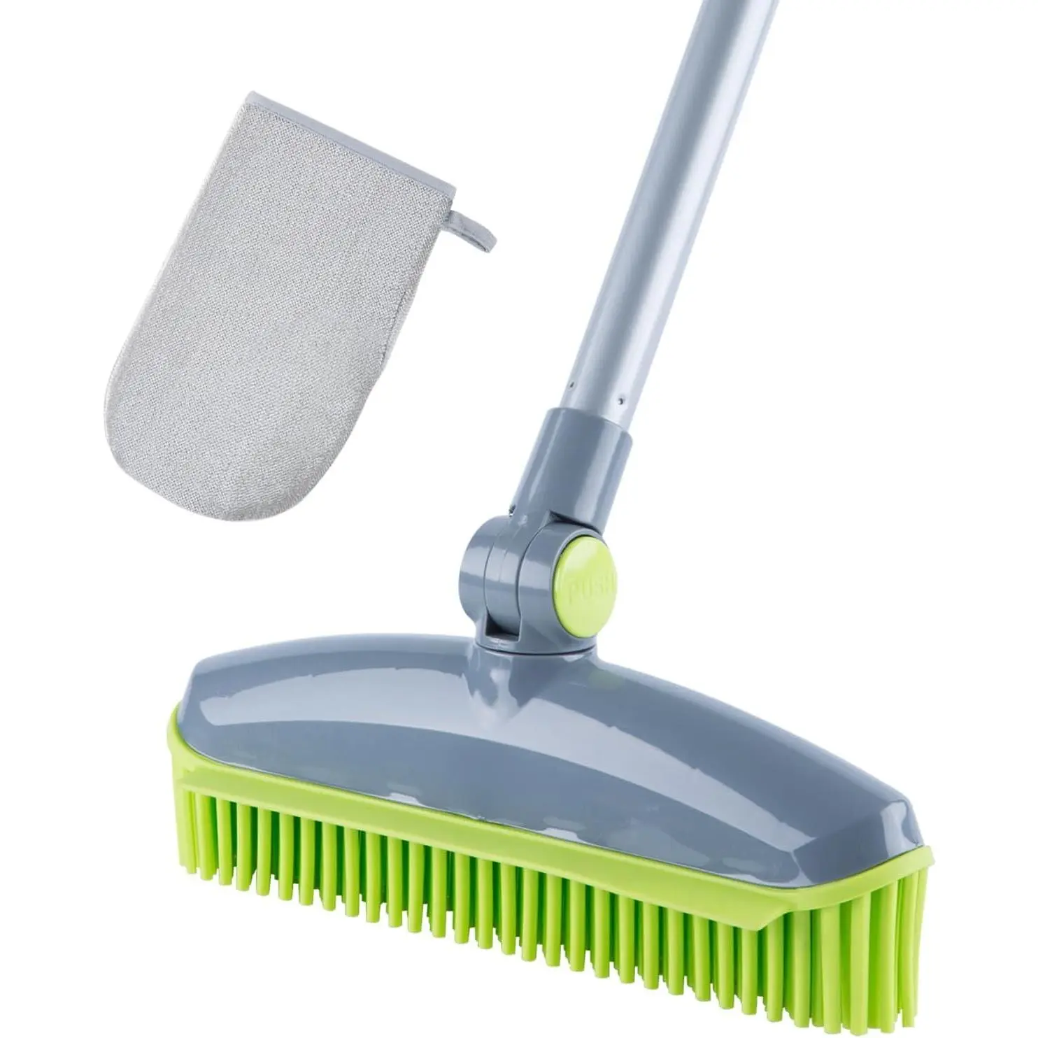 180° Rotating Head Rubber Broom with Squeegee for Pet Hair Removal - 51" Iron Handle Fur Remover Rake for Carpet, Hardwood & Tile Floors, Includes Pet Hair Removal Gloves
