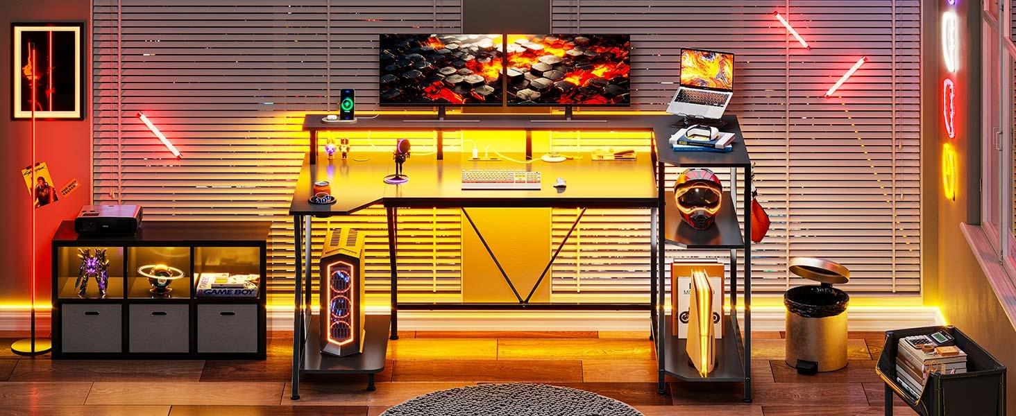 Sikaic 55 Inches Large PC Gaming Desk with LED Lights and Storage Shelves Monitor Stand Power Outlets Cup Holder Black Modern FathersDayGift Console Game