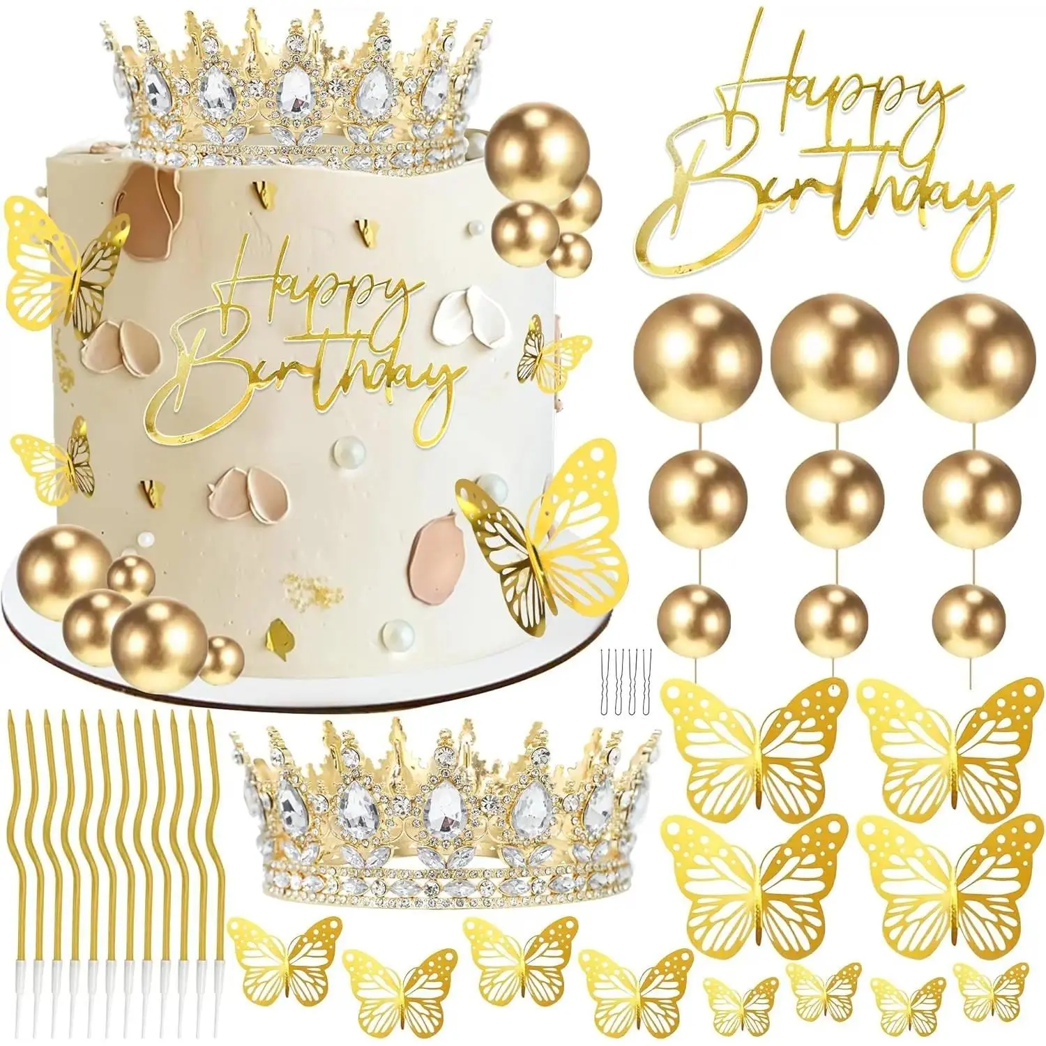 Crown Cake Topper, Gold Happy Birthday Cake Toppers Crown Balls Candles Butterflies, Corona Para Pastel, Cake Decorations for Women Princess Queen Wedding Party Decorations