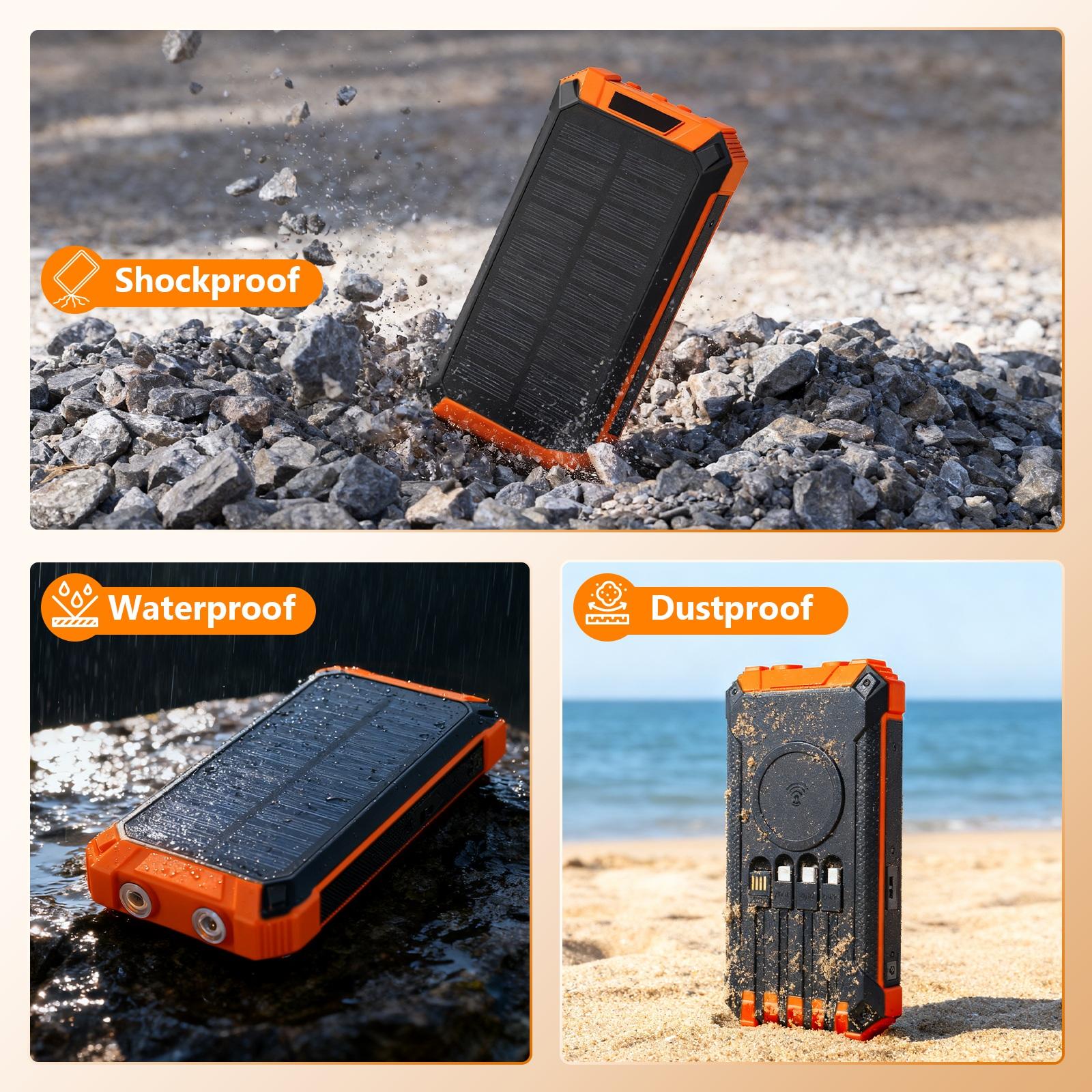 46800mAh Solar Charger Power Bank Wireless Charger Built in 4 Cables 6 Outputs, 15W Fast Charging Power Bank for All Mobile Devices with Dual Flashlights
