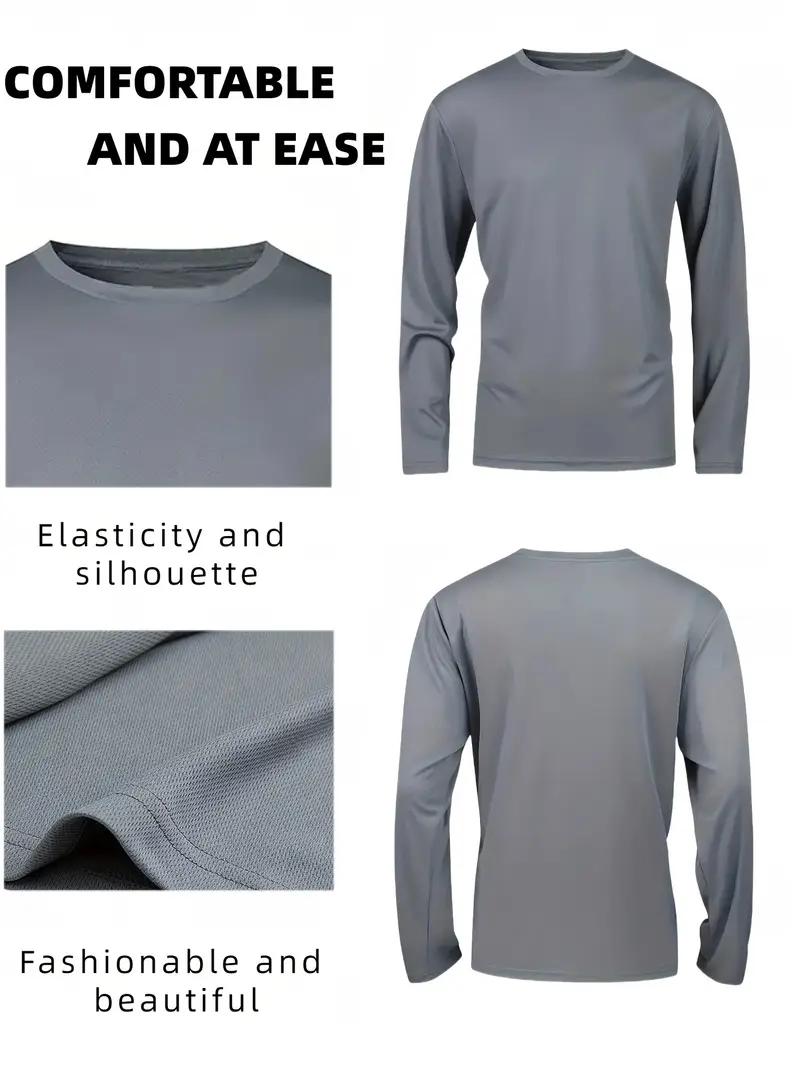 5 Piece Men's Quick Dry Long Sleeve Shirt - Moisturewicking, breathable polyester, crew neck, Outdoorfun,solid color casualsportswear, machine washable, moisture wicking garmentsCrew Neck T-Shirt |     Stretchable Material Fathersdaygift