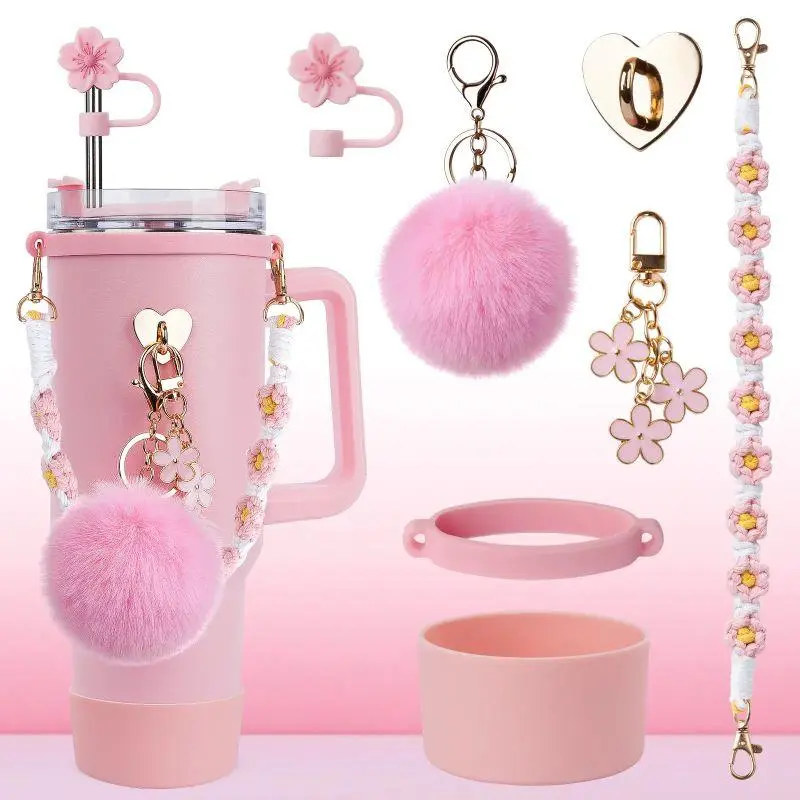 SOGLLQAM 7PCS Bling Accessories Set for Stanley 40/30 oz Tumbler, Straw Topper, Cup Charms, Lid Charm, Silicone Boot & Cup Chain holiday present summer gift