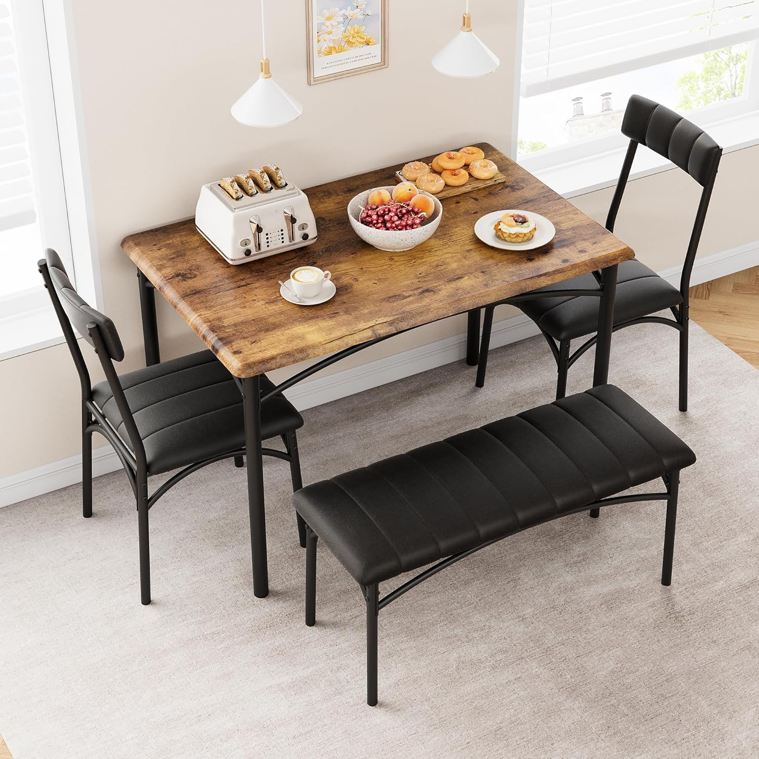 4-Piece Dining Set for 4 with Table, 2 Chairs & Upholstered Bench, Rectangular Wood Kitchen Table for Small Spaces, Apartments & Breakfast Nook
