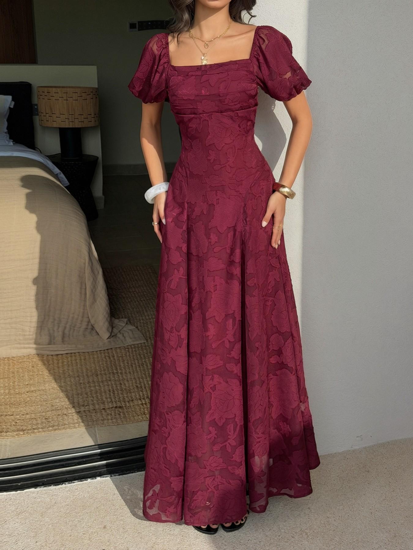 Pure Color Jacquard Square Neck Bubble Sleeve Dress, Back Crossed Tie French Vintage Wedding Banquet Atmosphere Dress