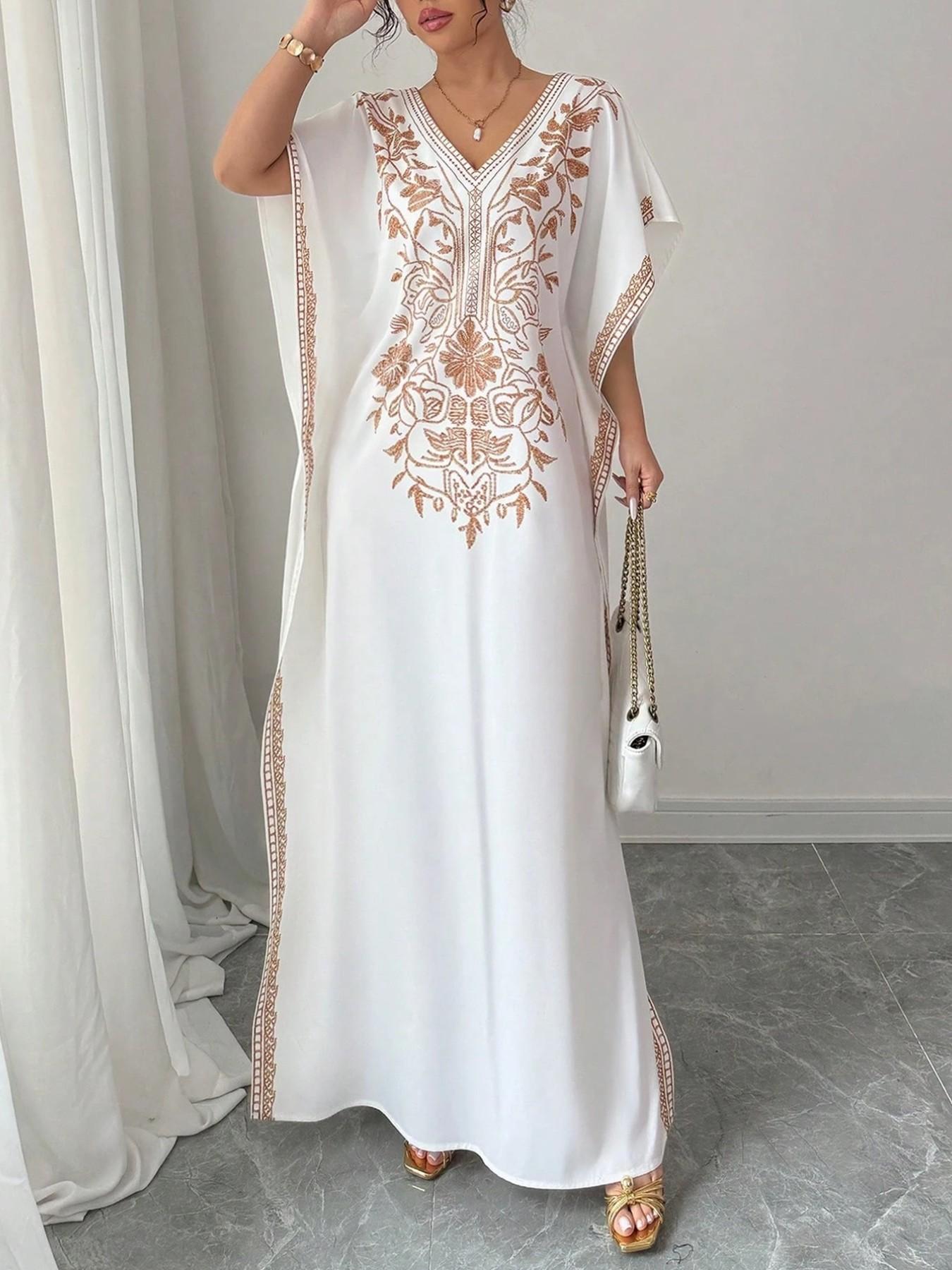 Women's Summer V-Neck Plant Floral Print Dress, Boho Style Three Quarter Sleeves, Long Loose-Fit Beach Sundress Vacation Dress, Casual Daily Wear Womenswear Fashion, Boho Printed Dress