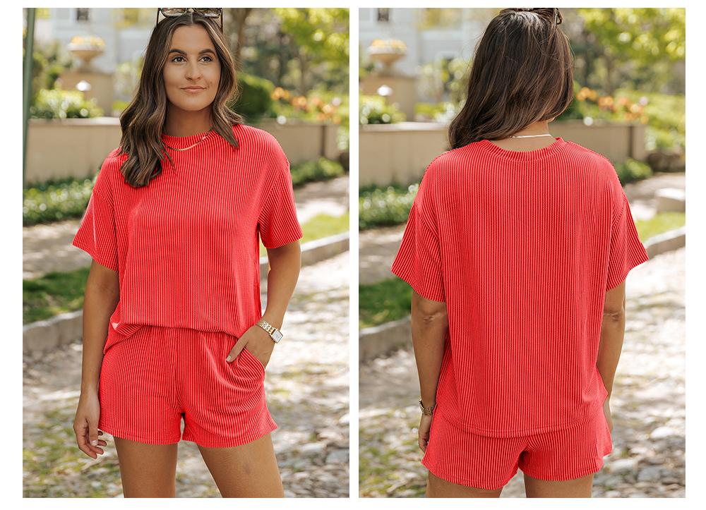 Women's Summer Short Sleeve Twisted Thread Shirt & Shorts with Pockets Casual Pajamas Ribbed Textured Outfit Matching Lounge Set..