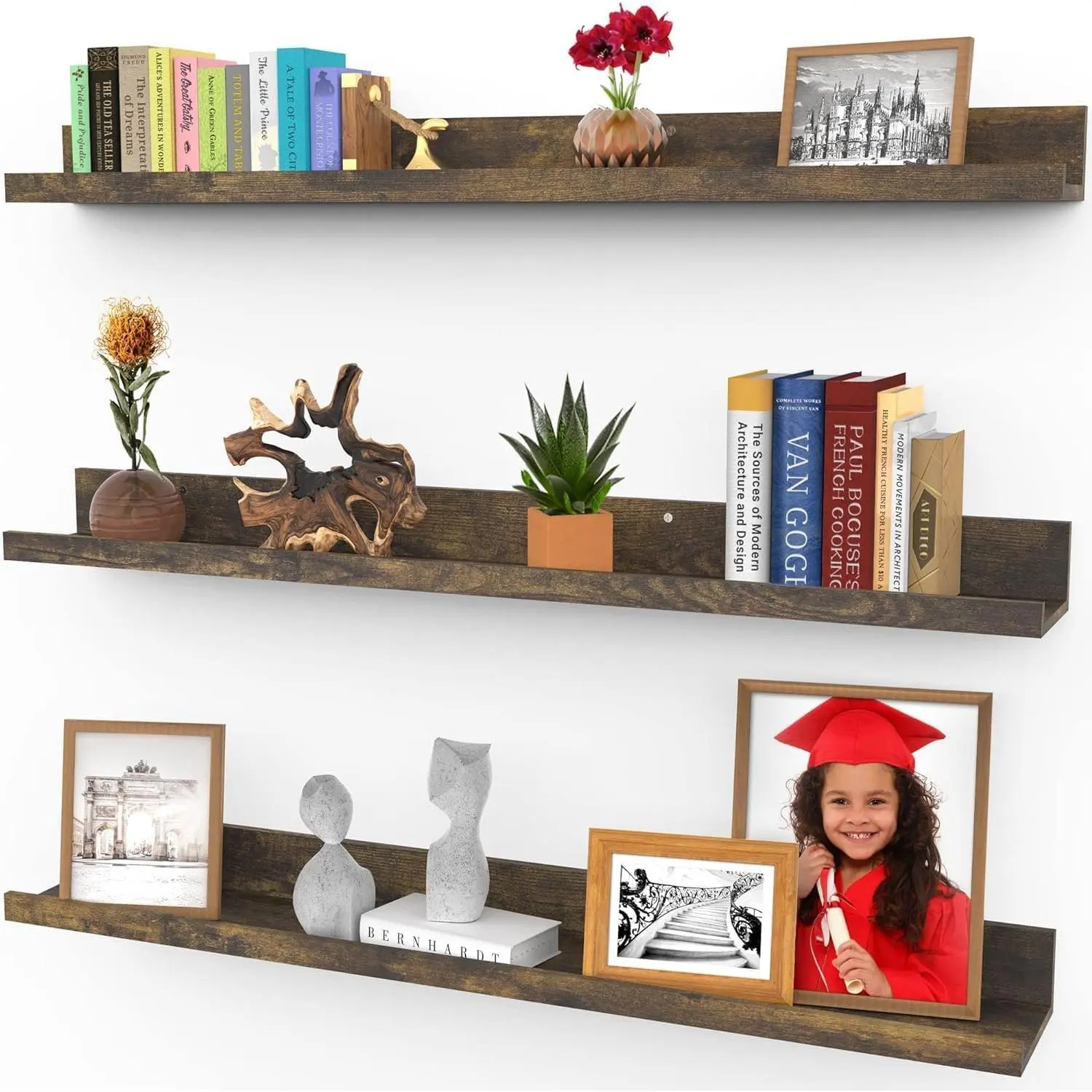 36 Inch Floating Shelves for Wall - Set of 3 in Walnut Brown - Modern Rustic Style - Wall Mounted Display Shelves - Picture Ledges