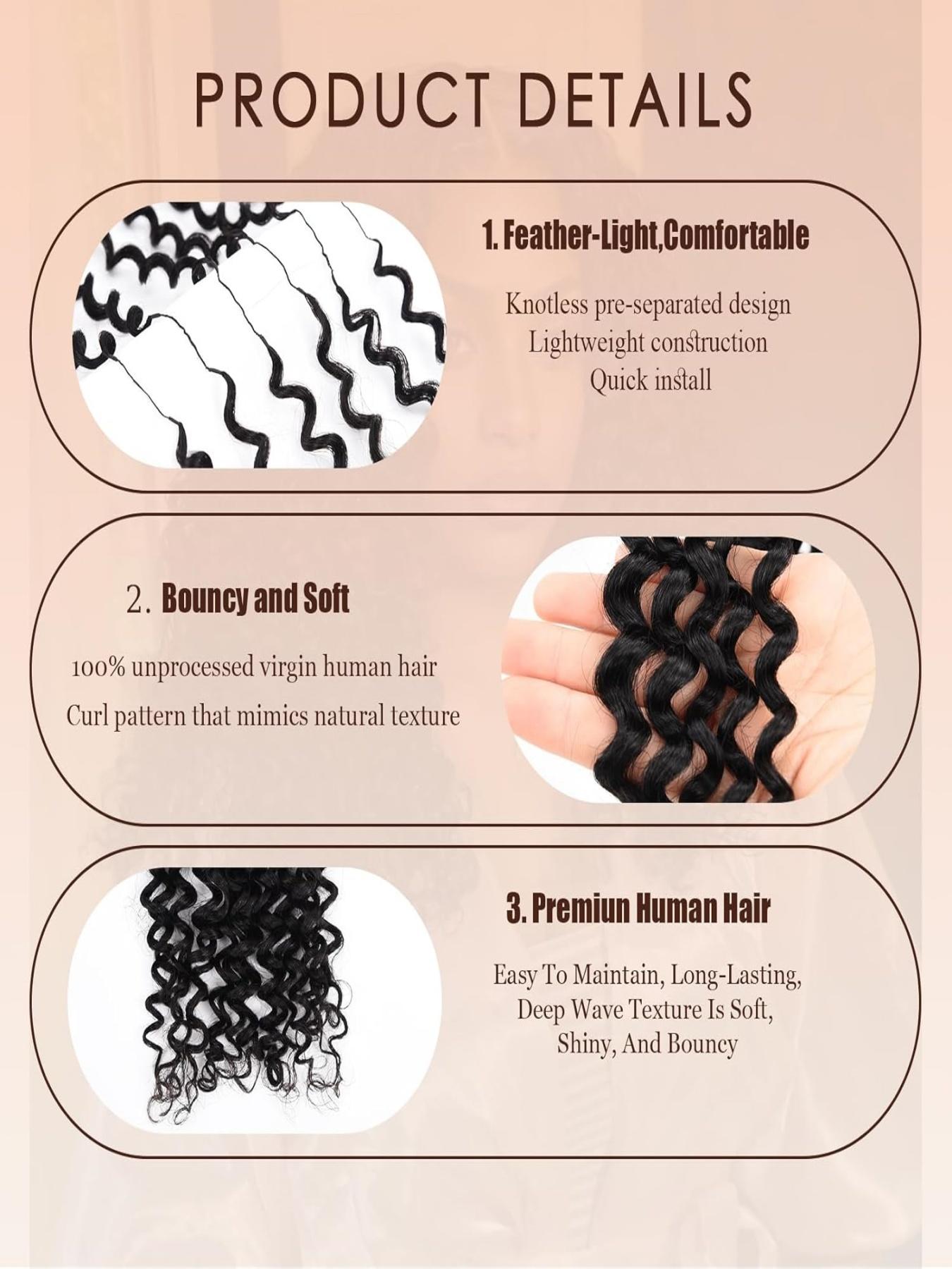 18-inch, 60g Water Wave Feather Crochet Human Hair Extensions — Curl-Retaining, Tangle-Free, Pre-Looped Micro-Bundles; Reusable Crochet Braiding Hair Suitable for Women of All Skin Tones.