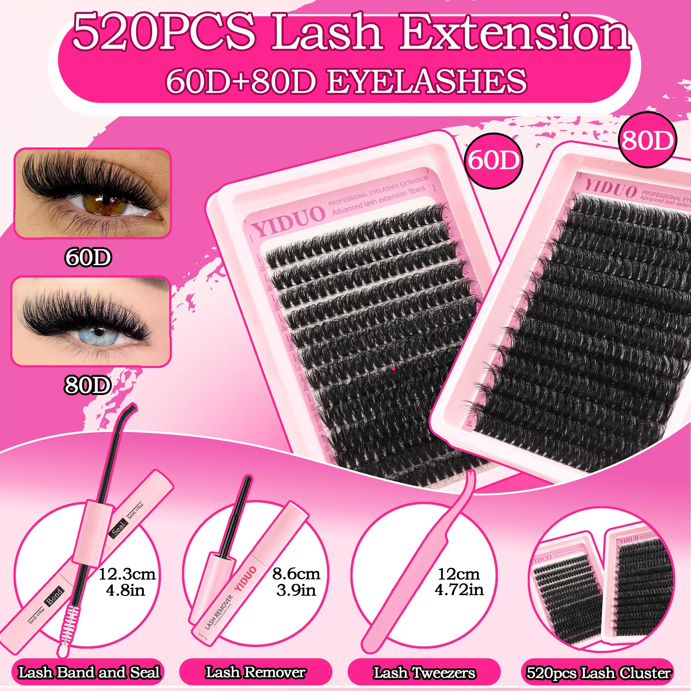 520 Pcs Volume Lash Clusters Kit 60D+80D Thick Volume Lash Extension Kit 12-20mm Wispy Individual Lash Kit with Seal, Remover, Lash Applicator, Eyelash Extension Glue, Eyelash Tools for Beginners and Proficient, DIY at Home Easily