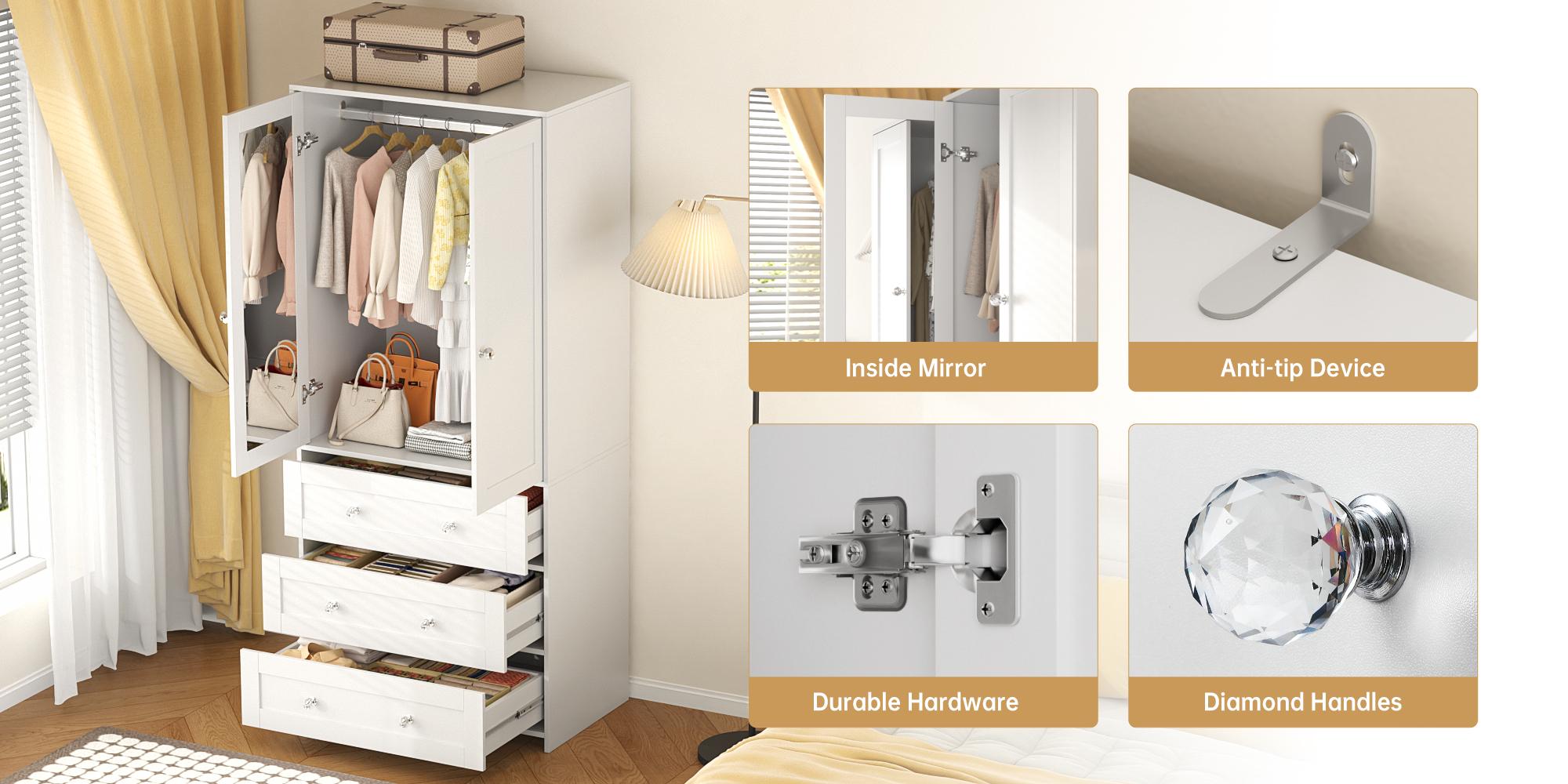 VOWNER Wooden Freestanding Wardrobe, 71" High Solid Wooden Bedroom Wardrobe with 2 Doors and 3 Drawers, With Hanging Rod, Bedroom, Living Room, White